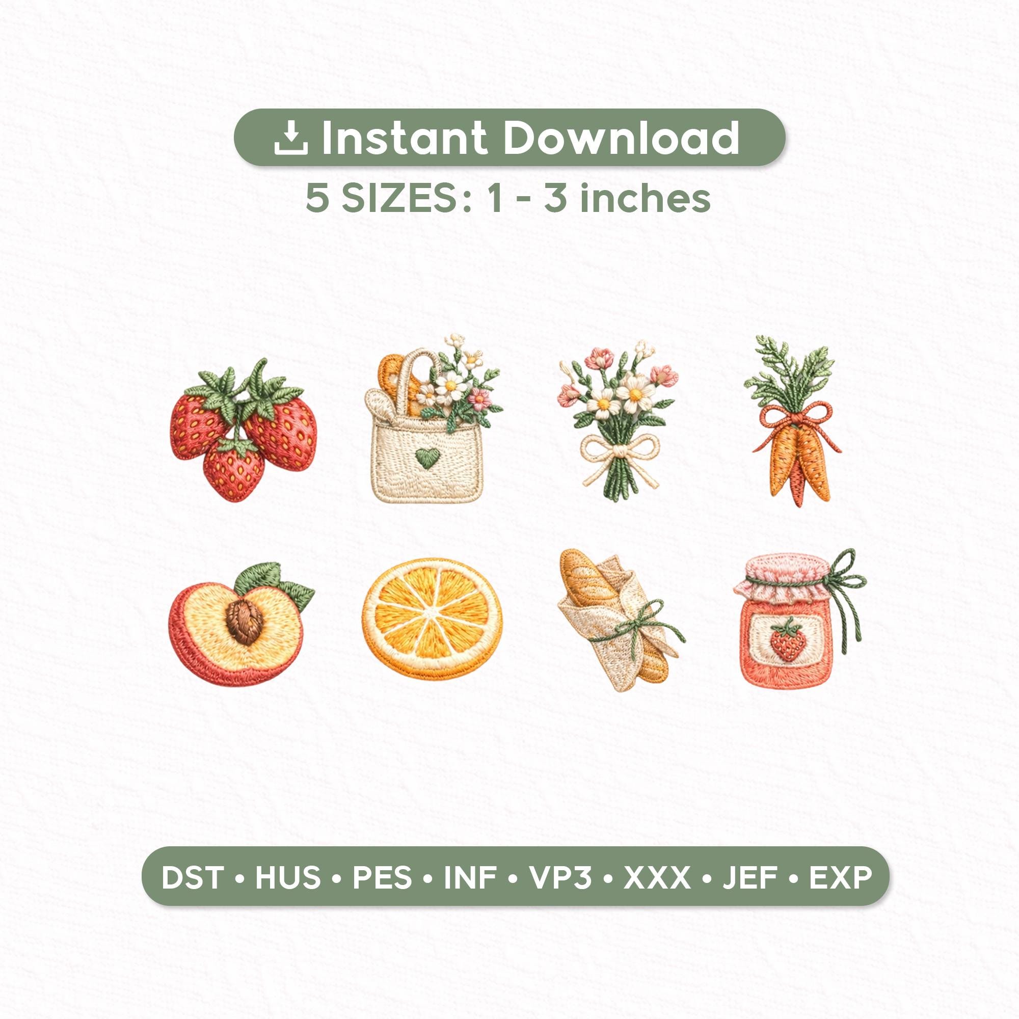Farmers Market Chic Mini Embroidery Designs Set of 8 | Cottagecore Summer Icons 1–3 Inch | Digital Machine Embroidery Files