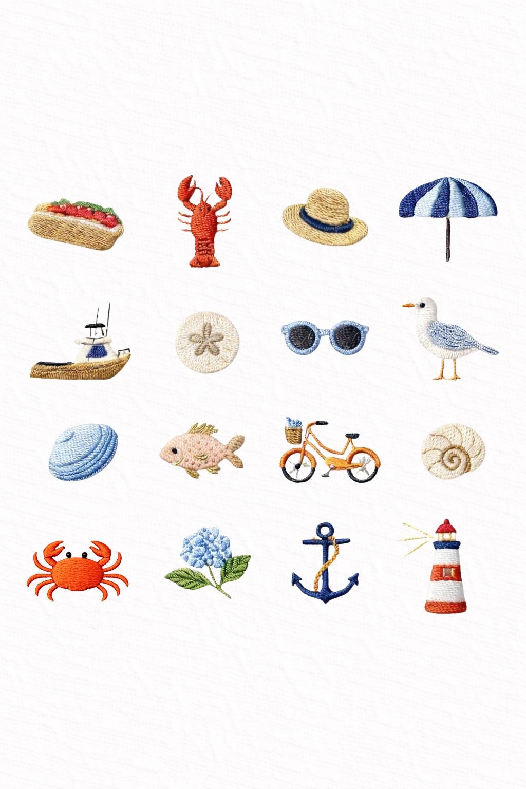 Coastal Beach Mini Embroidery Designs Set of 16 | Summer Nautical Icons | Crab Lobster Anchor Lighthouse | Machine Embroidery Files
