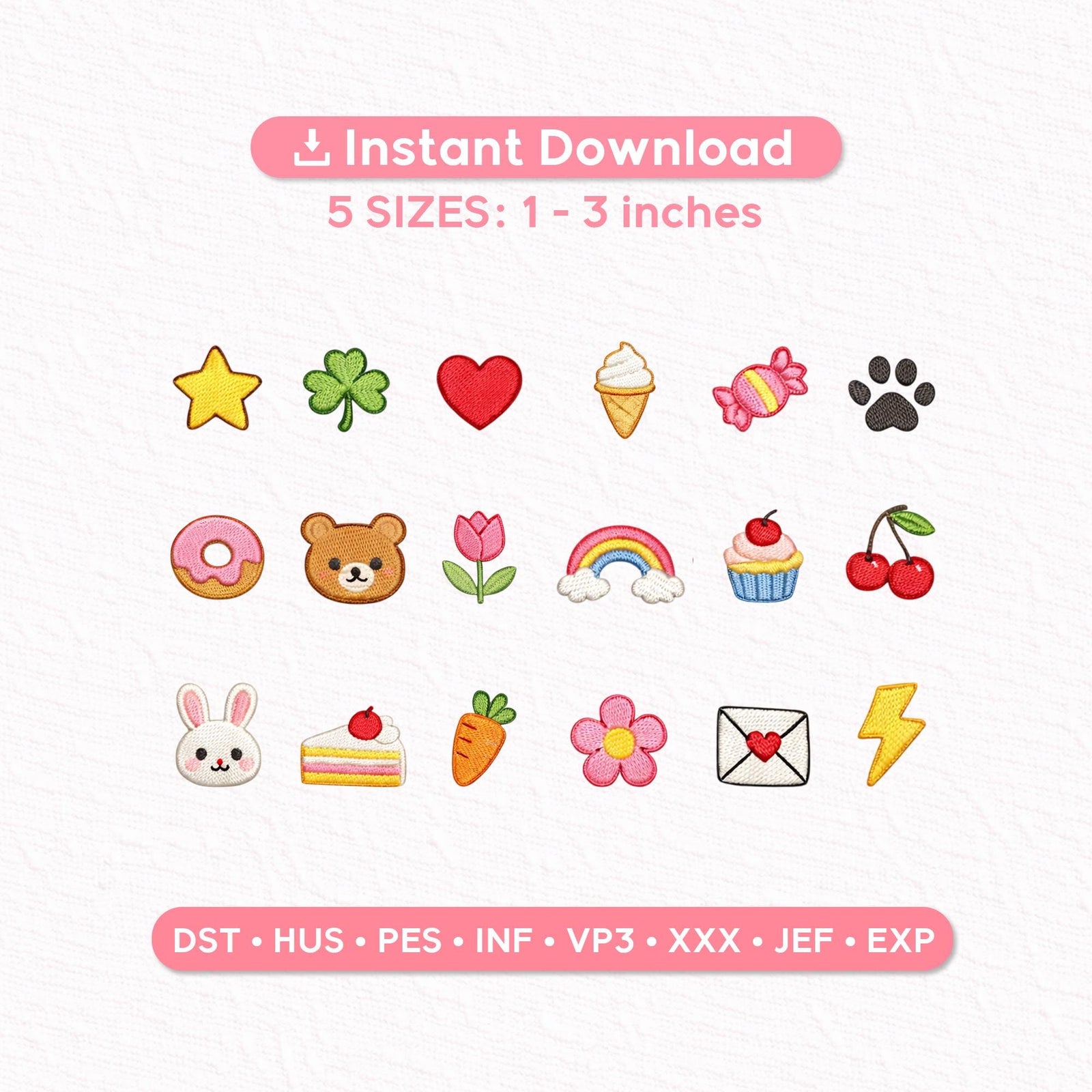 18 Kawaii Cute Mini Embroidery Designs Set, Preppy Girly Icons Bundle, Pink Daisy Shamrock Cherry Cupcake, Instant Download PES DST