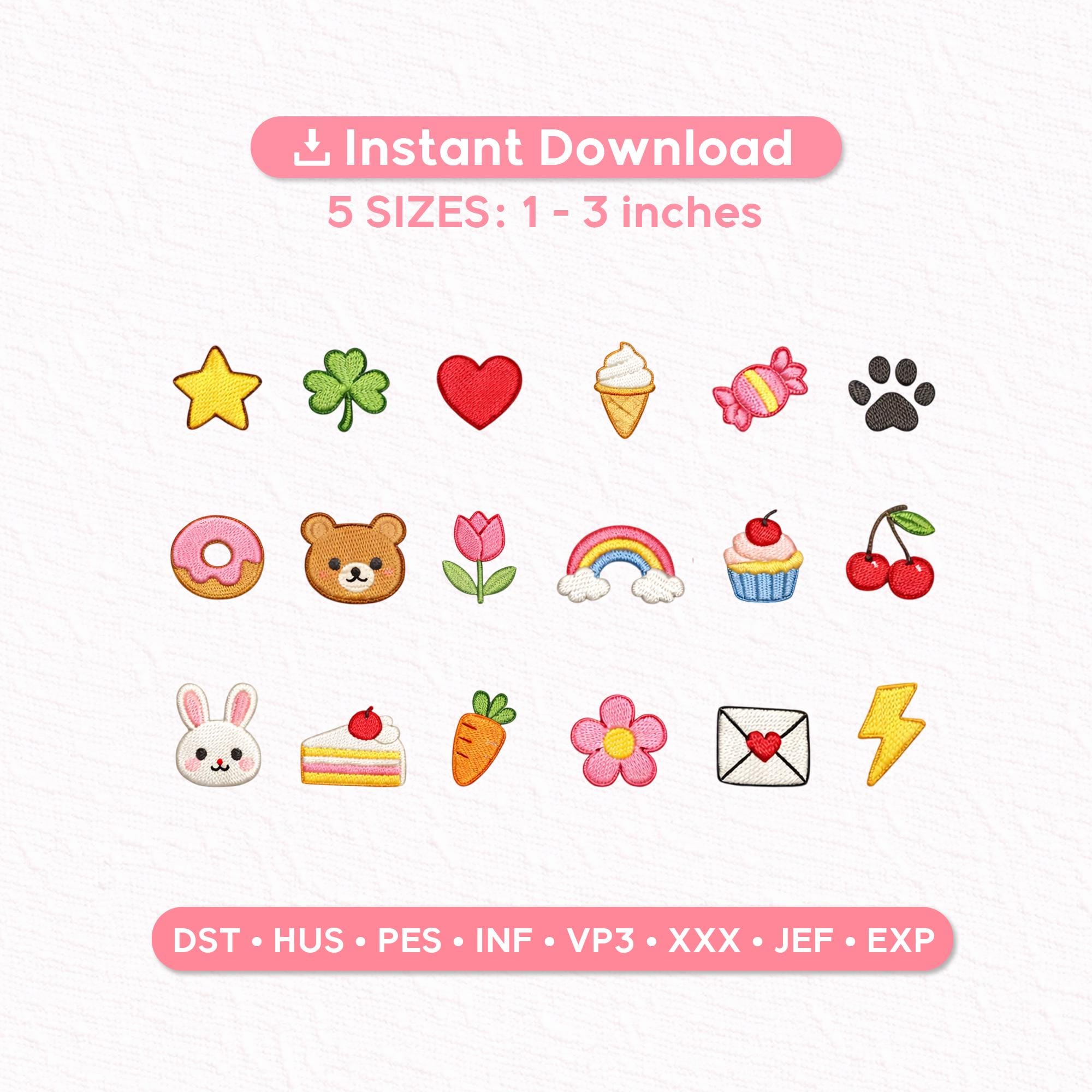 18 Kawaii Cute Mini Embroidery Designs Set, Preppy Girly Icons Bundle, Pink Daisy Shamrock Cherry Cupcake, Instant Download PES DST