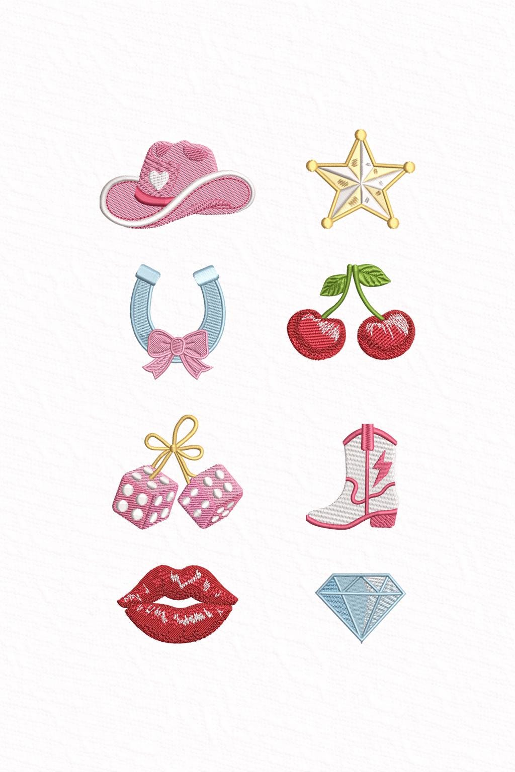 Western Cowgirl Mini Embroidery Design Set of 8 | Preppy Girly Y2K Embroidery Files | Hat Boot Cherries Dice Lips Diamond 1–3 Inch
