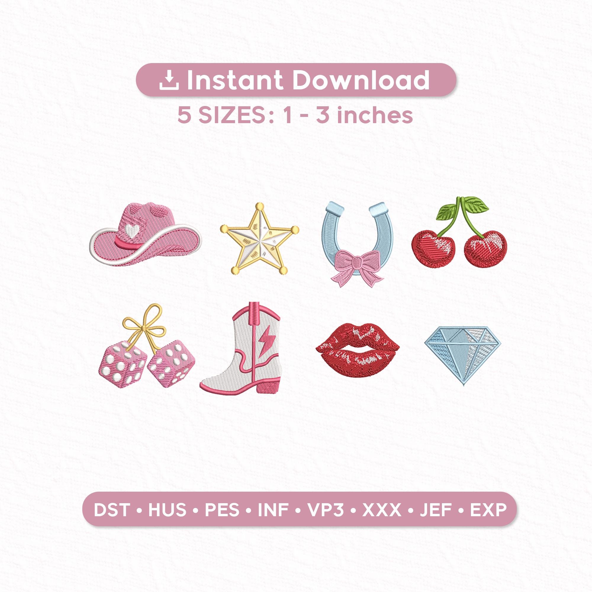 Western Cowgirl Mini Embroidery Design Set of 8 | Preppy Girly Y2K Embroidery Files | Hat Boot Cherries Dice Lips Diamond 1–3 Inch
