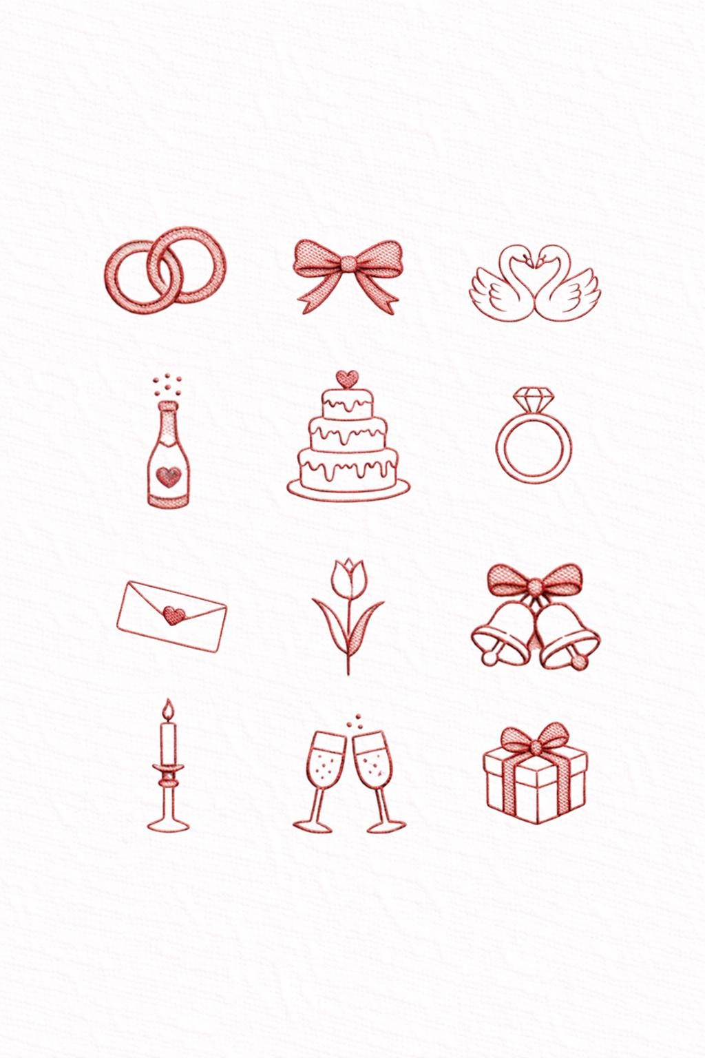 Wedding Embroidery Designs Set of 12, Romantic Love Icons Bundle, Rings Swan Cake Champagne, Mini Machine Files Instant Download