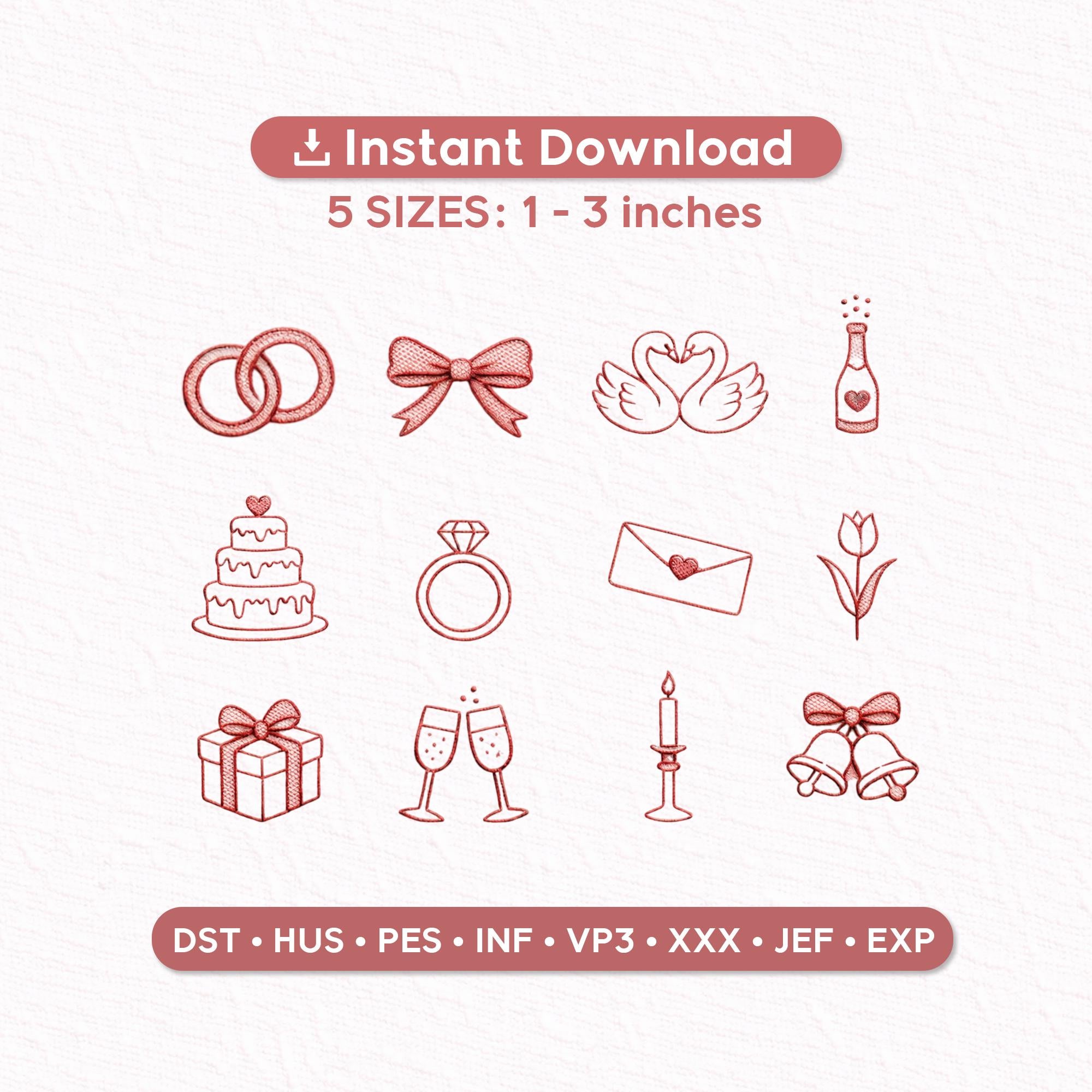 Wedding Embroidery Designs Set of 12, Romantic Love Icons Bundle, Rings Swan Cake Champagne, Mini Machine Files Instant Download