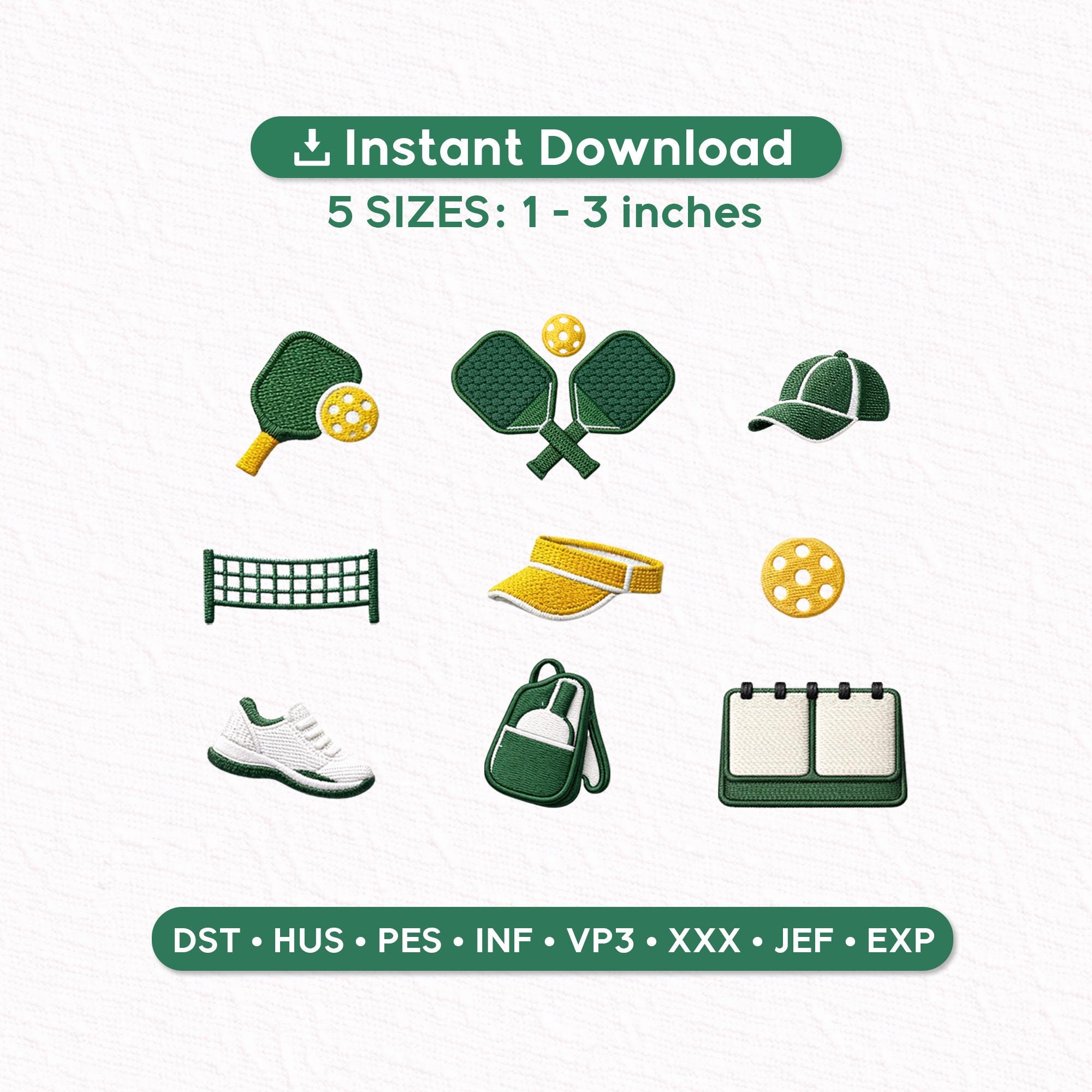 Pickleball Embroidery Design Set of 9, Paddle Ball Net Cap Visor Shoes Bag Scoreboard Icons, Instant Download PES DST