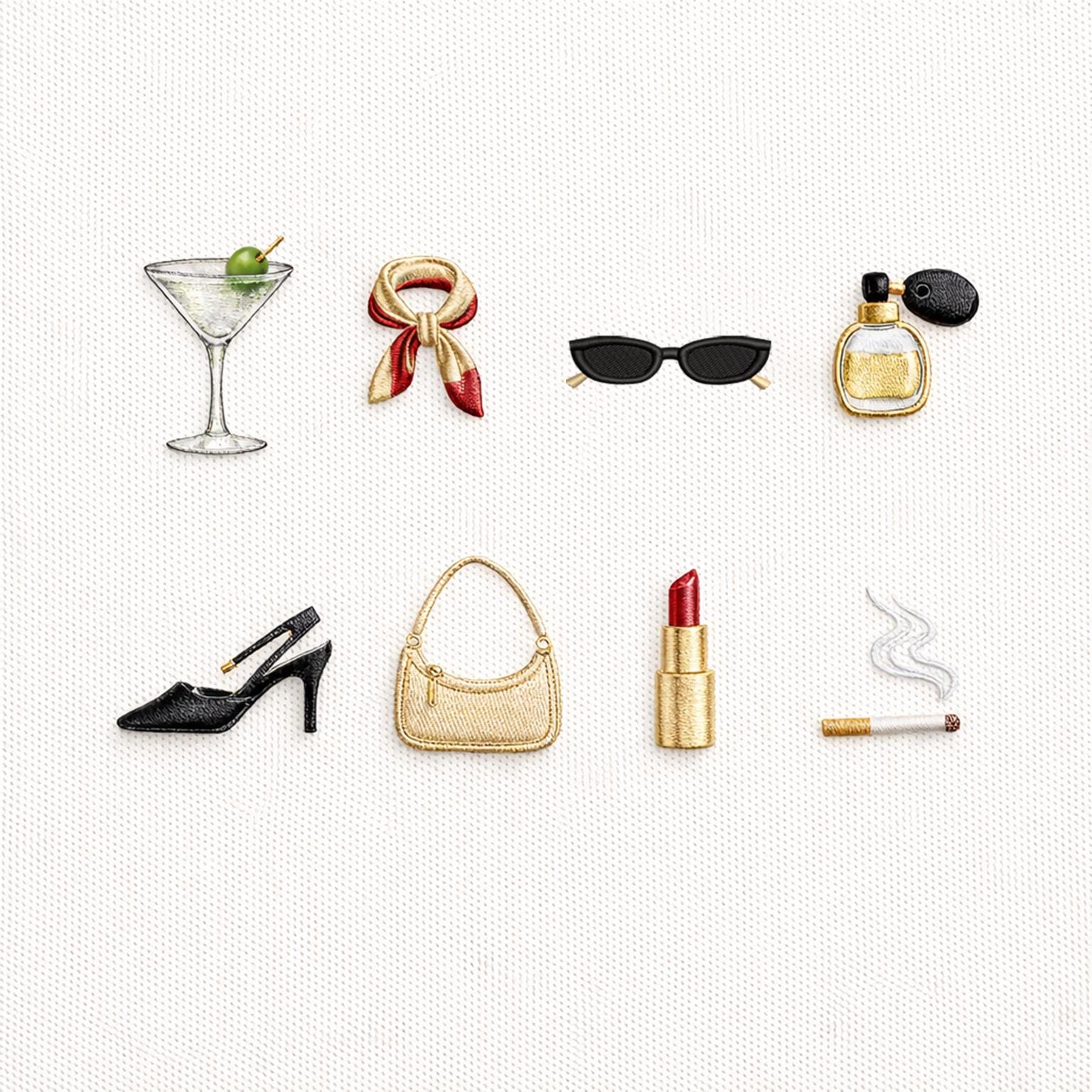 Chic Fashion Mini Embroidery Design Set of 8 – Martini Glass, Lipstick, Heels, Handbag, Sunglasses, Perfume | Girly Machine Files
