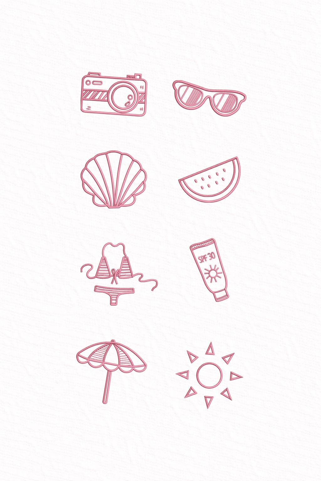 Summer Beach Mini Embroidery Design Set of 8 – Sunglasses, Bikini, Seashell, Sun, Umbrella, Watermelon, Camera Machine Files 1-3 Inch
