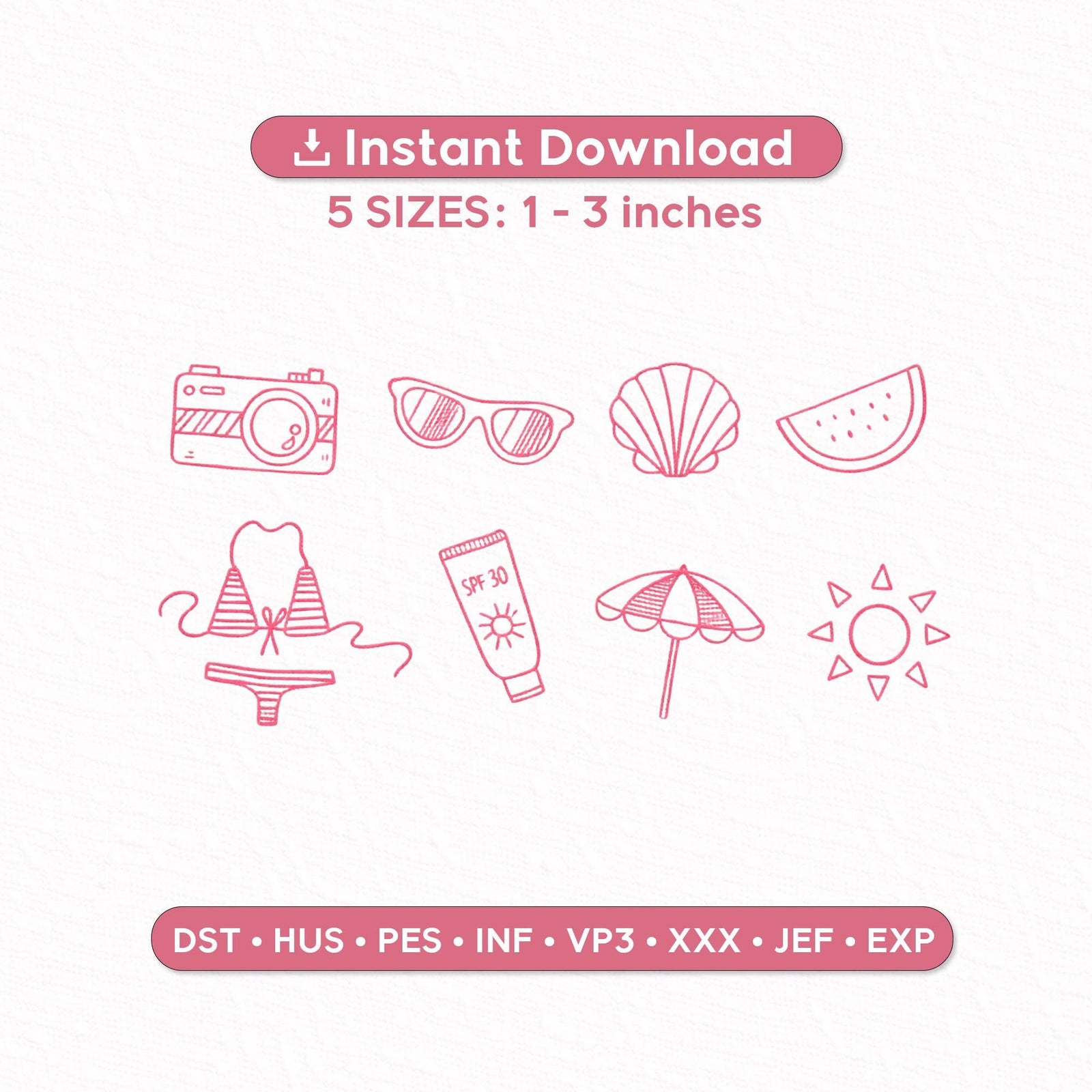 Summer Beach Mini Embroidery Design Set of 8 – Sunglasses, Bikini, Seashell, Sun, Umbrella, Watermelon, Camera Machine Files 1-3 Inch