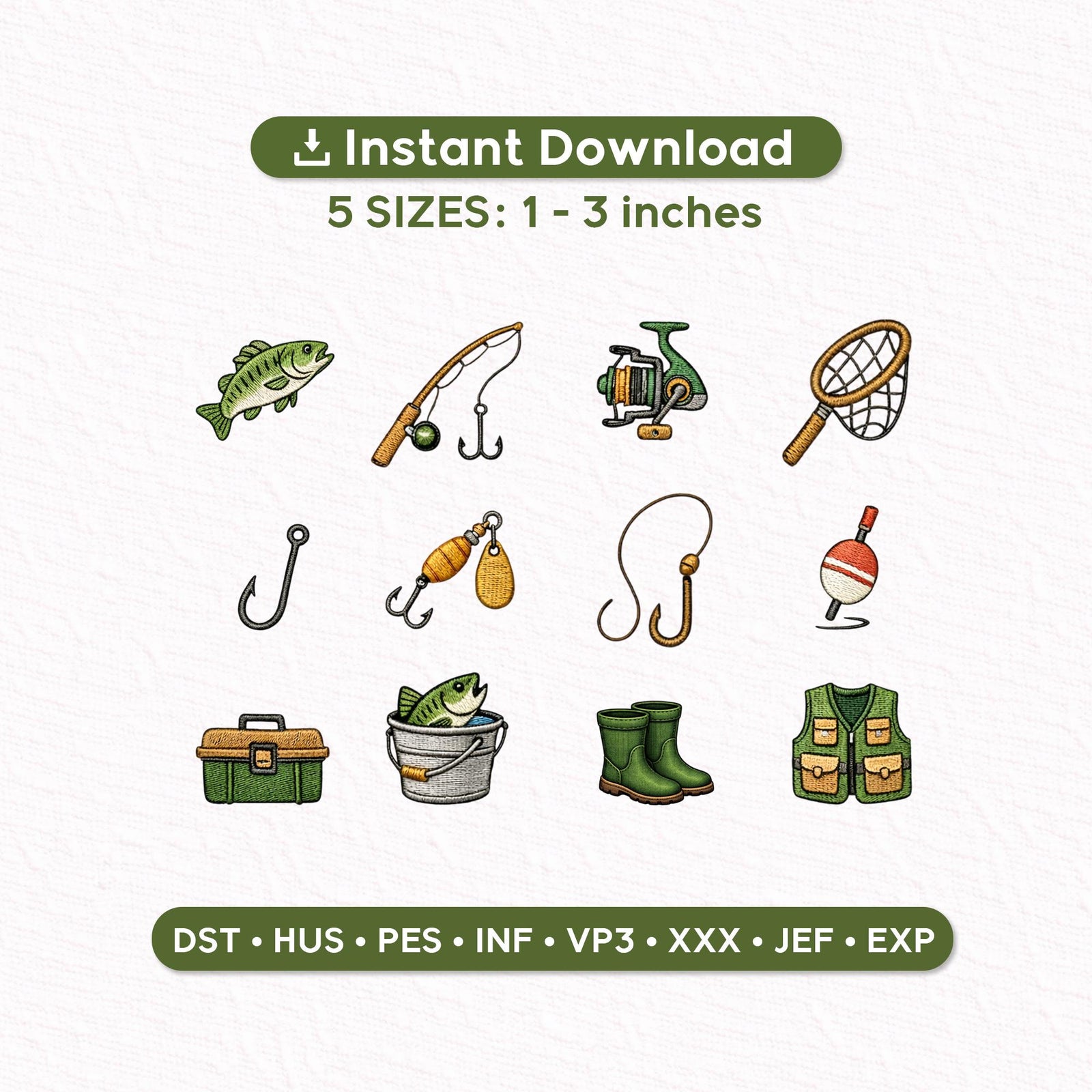 Bass Fishing Embroidery Designs Set of 12, Angler Gear Icons, Reel Hook Tackle Vest, Mini Embroidery Files, Instant Download