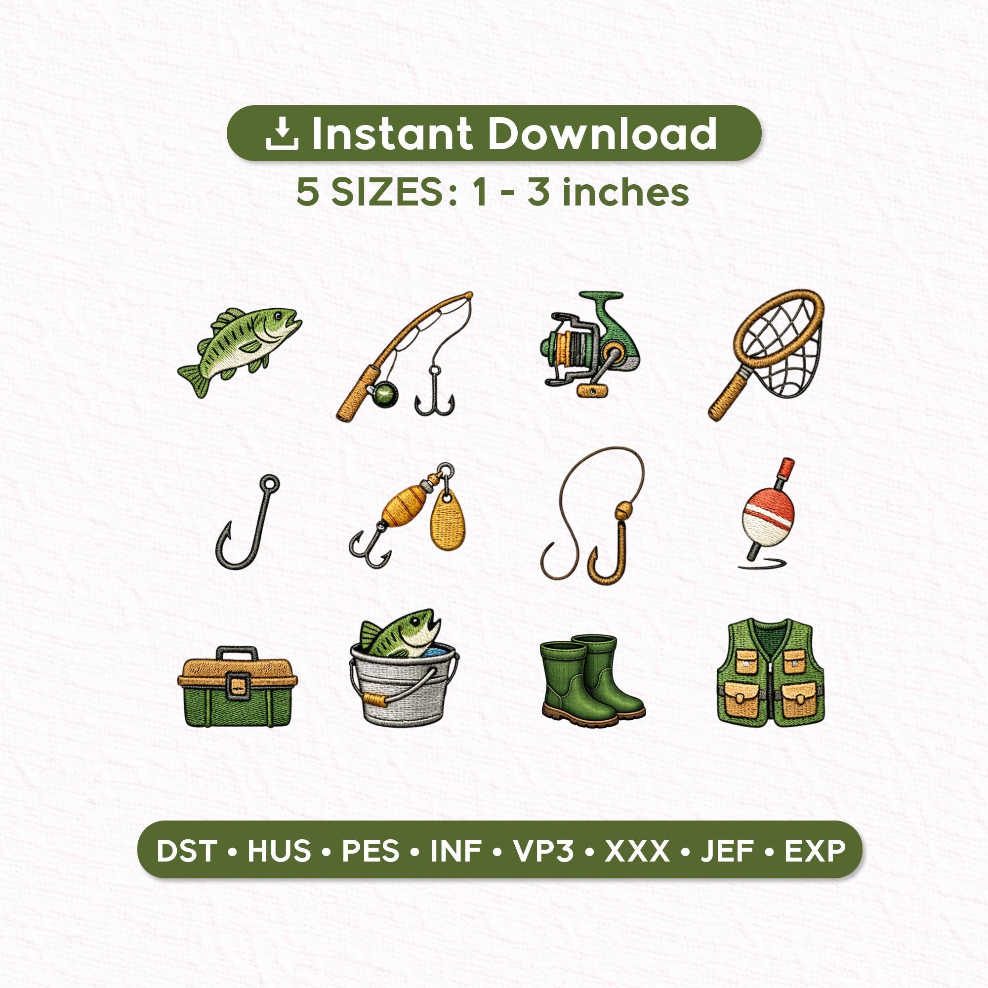 Bass Fishing Embroidery Designs Set of 12, Angler Gear Icons, Reel Hook Tackle Vest, Mini Embroidery Files, Instant Download