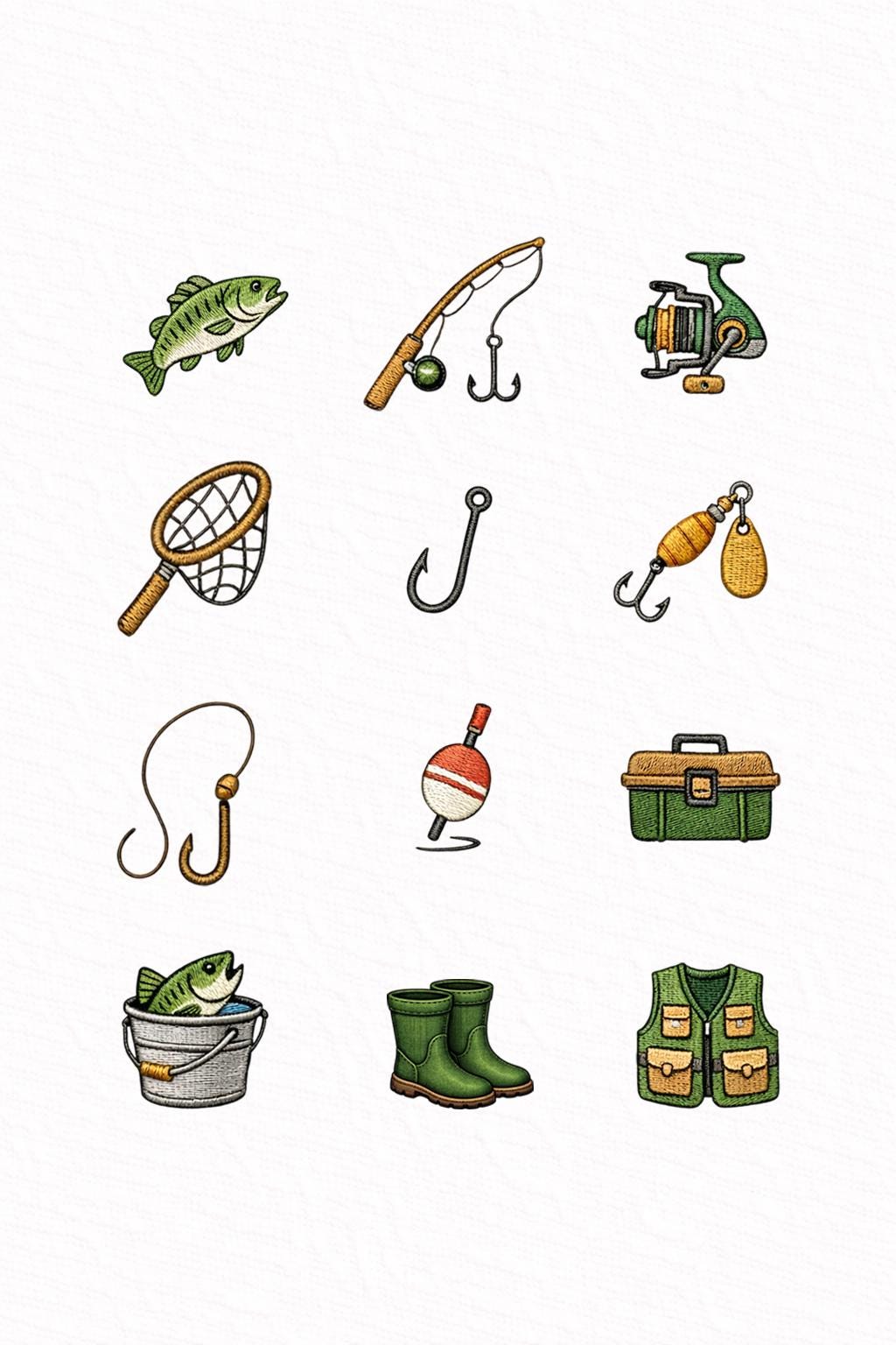 Bass Fishing Embroidery Designs Set of 12, Angler Gear Icons, Reel Hook Tackle Vest, Mini Embroidery Files, Instant Download