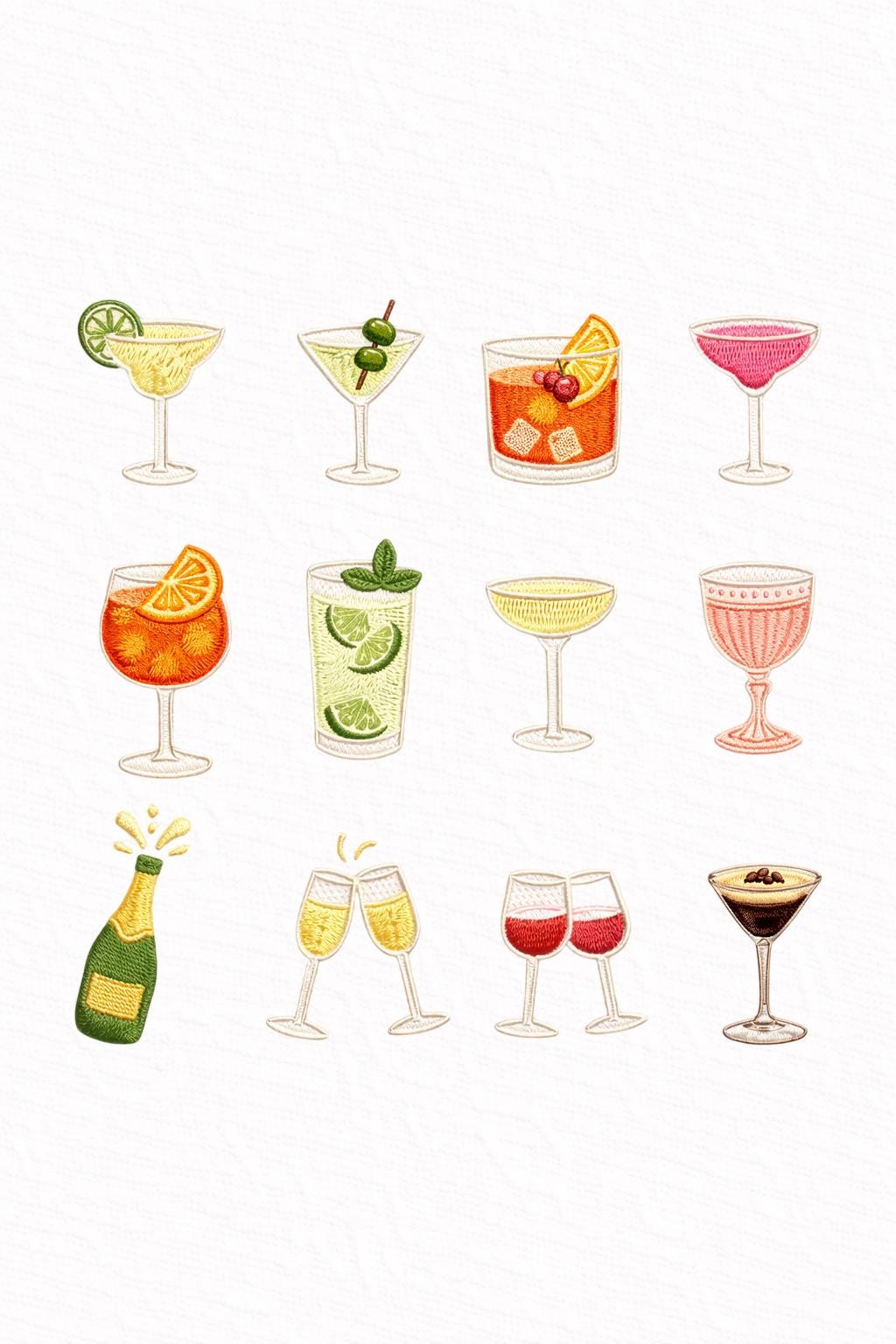 Cocktail Embroidery Bundle, Mini Drink Icons Set, Martini Margarita Champagne Wine Espresso Martini, Instant Download Embroidery Design