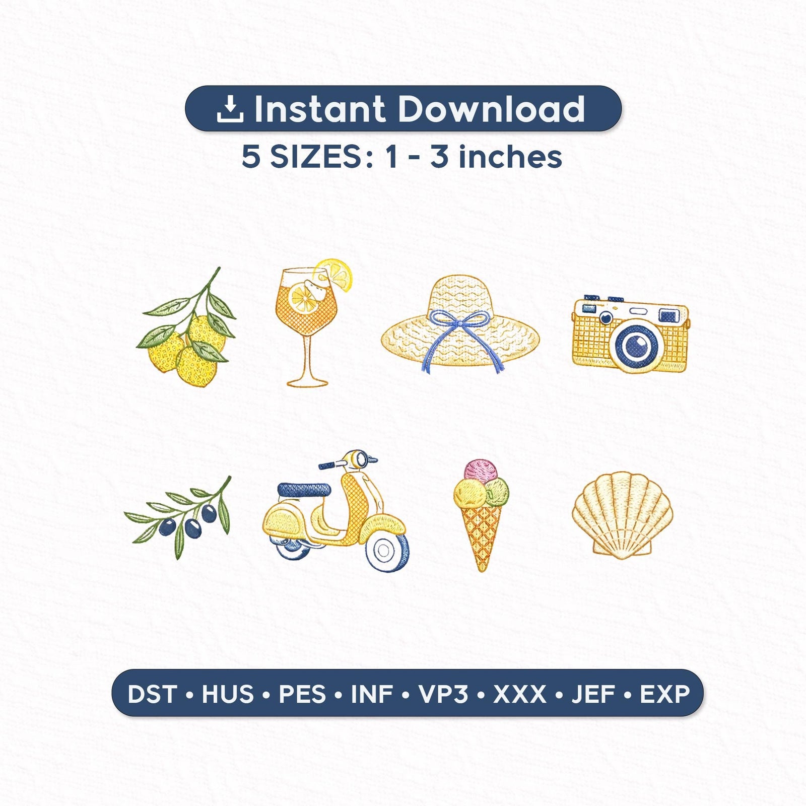Italian Summer Mini Embroidery Design Set of 8 Lemon Vespa Straw Hat Olive Ice Cream Seashell Camera Cocktail Machine Embroidery Files