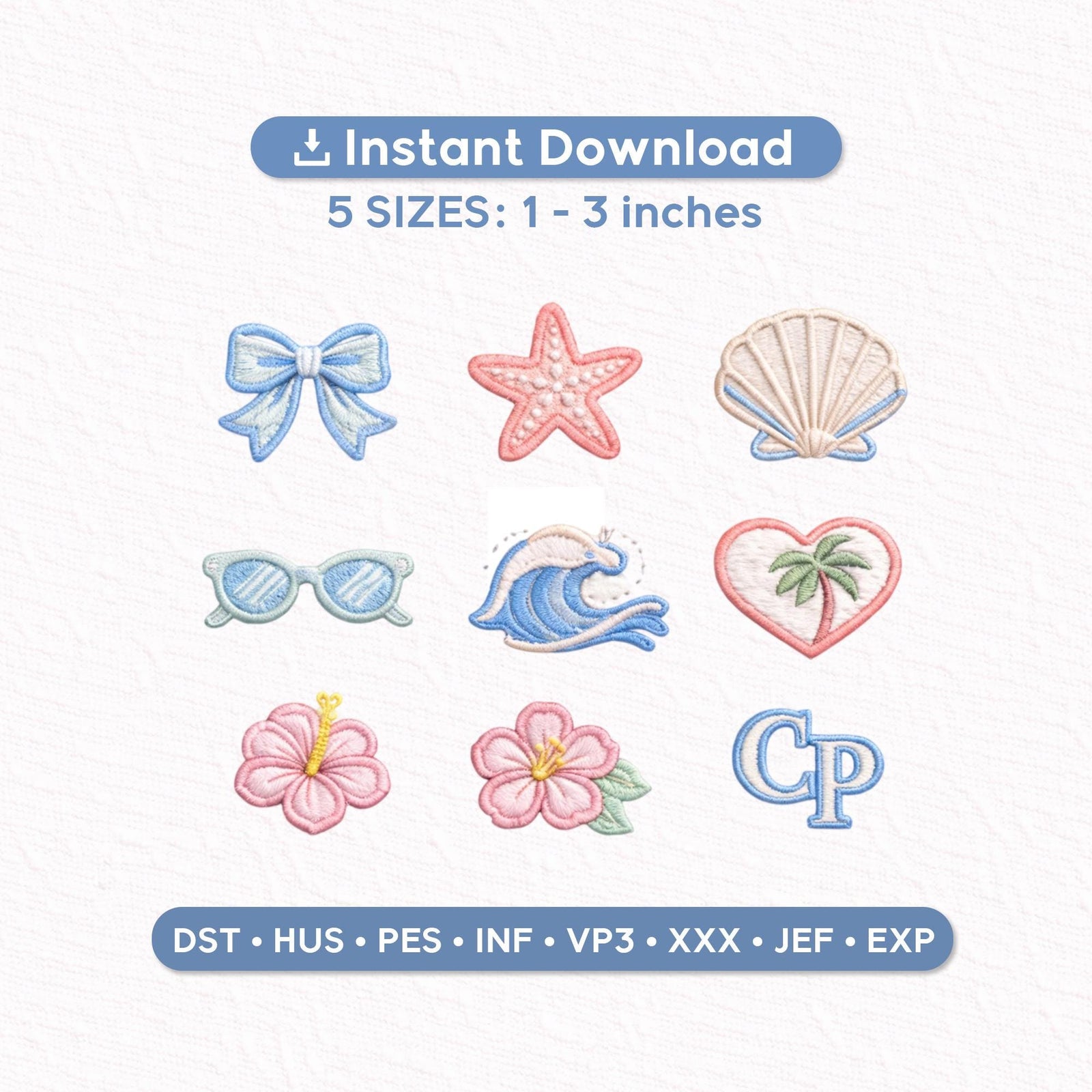 Preppy Beach Mini Embroidery Designs | Set of 9 Coastal Girly Icons | 1-3 Inch Machine Embroidery Files | Instant Digital Download