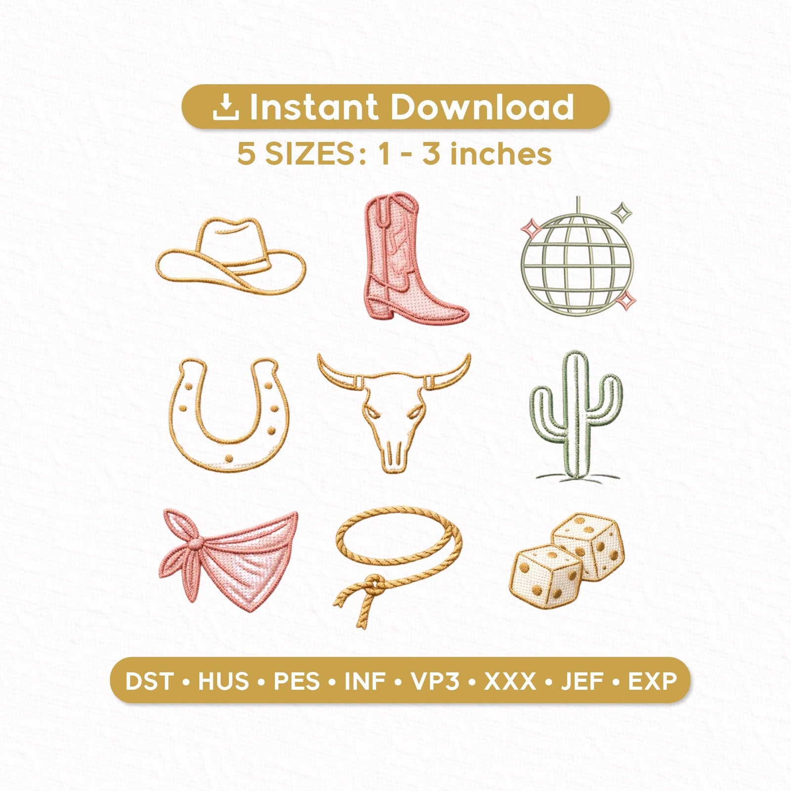 Western Rodeo Mini Embroidery Design Set of 9, Cowboy Hat Boot Horseshoe Cactus Dice Icons, Cowgirl Western Machine Embroidery Files