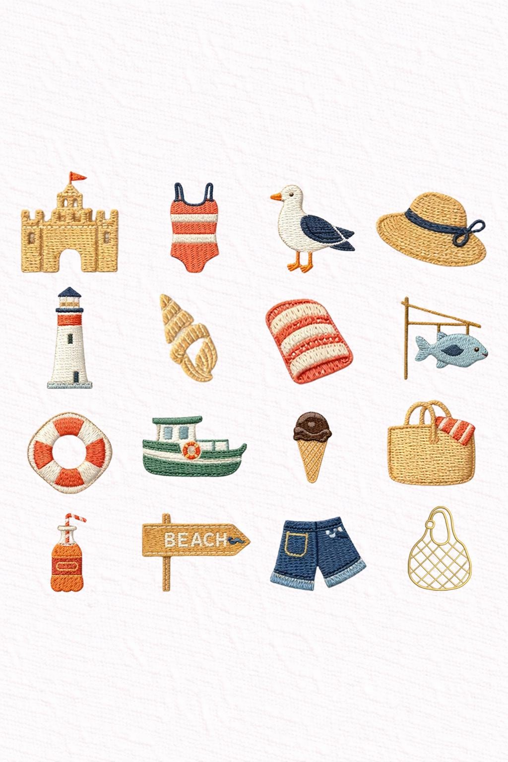 Coastal Beach Mini Embroidery Designs Set of 16, Summer Beach Icons Embroidery Files, Lighthouse Seashell Sandcastle Machine Embroidery