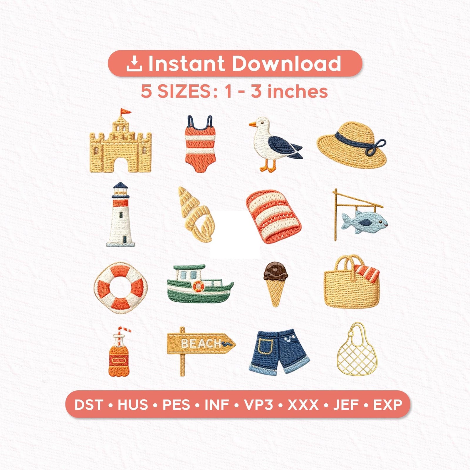 Coastal Beach Mini Embroidery Designs Set of 16, Summer Beach Icons Embroidery Files, Lighthouse Seashell Sandcastle Machine Embroidery