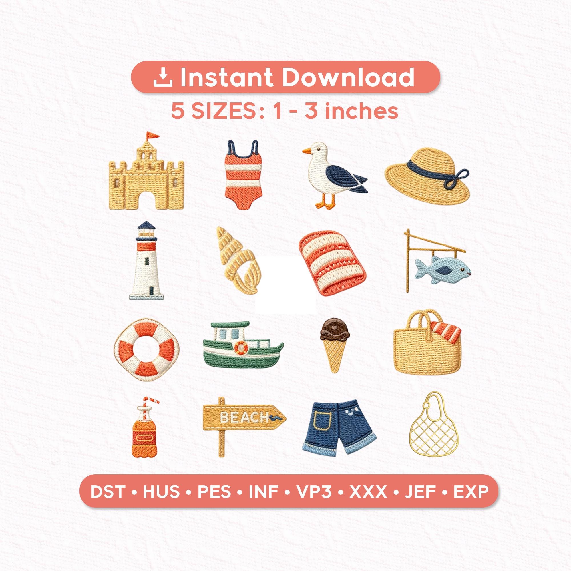 Coastal Beach Mini Embroidery Designs Set of 16, Summer Beach Icons Embroidery Files, Lighthouse Seashell Sandcastle Machine Embroidery