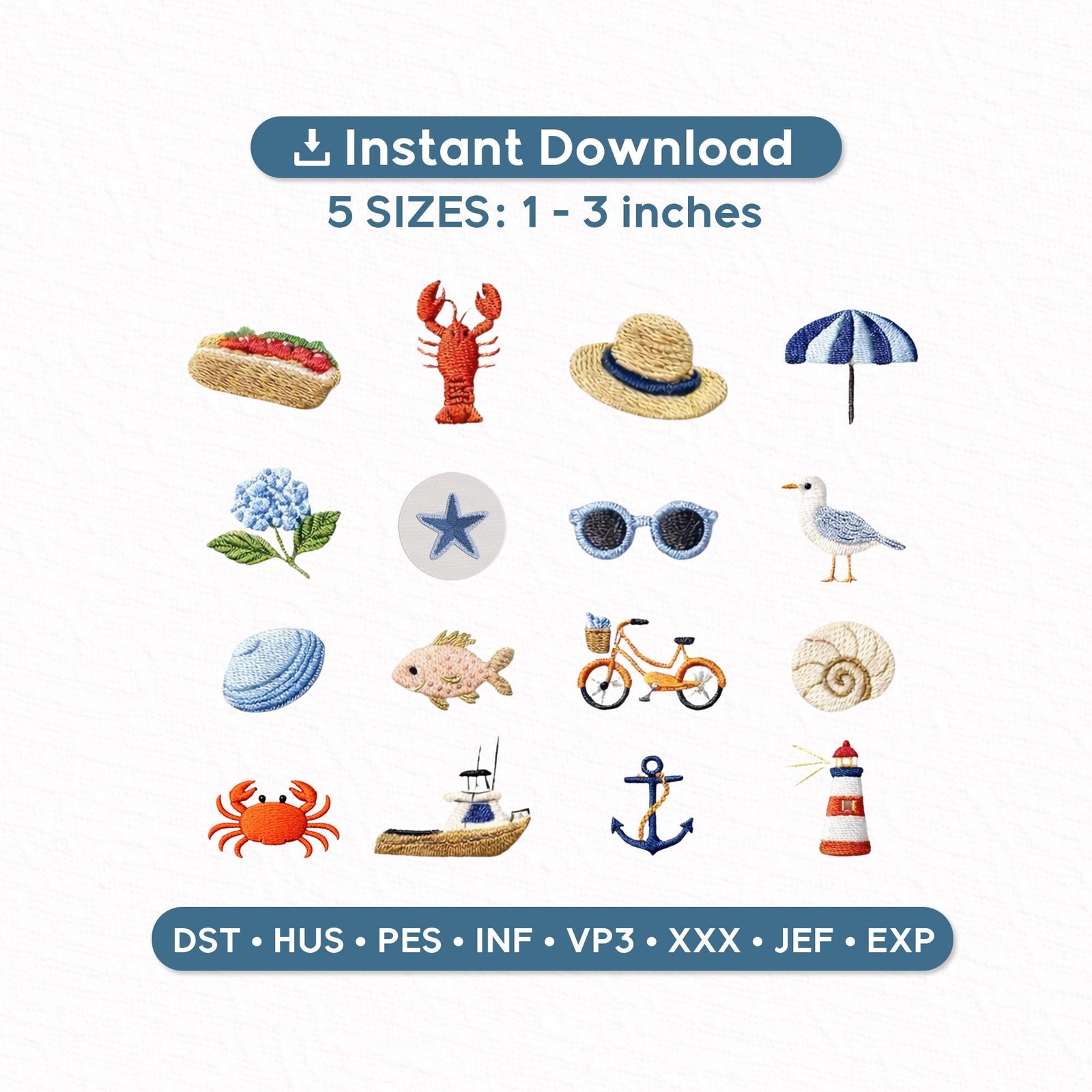 Coastal Beach Mini Embroidery Designs Set of 16 | Summer Nautical Icons | Crab Lobster Anchor Lighthouse | Machine Embroidery Files