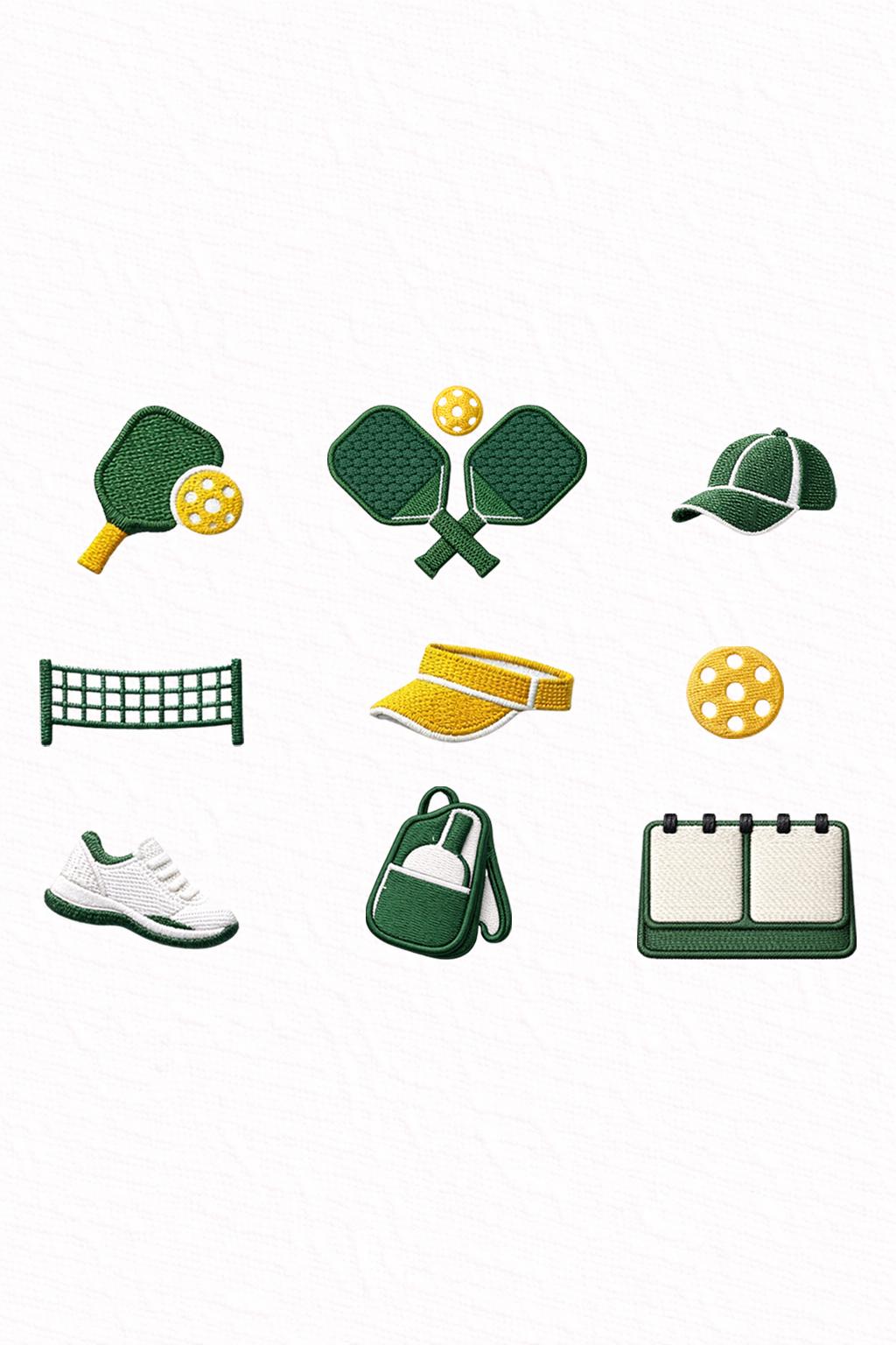 Pickleball Embroidery Design Set of 9, Paddle Ball Net Cap Visor Shoes Bag Scoreboard Icons, Instant Download PES DST