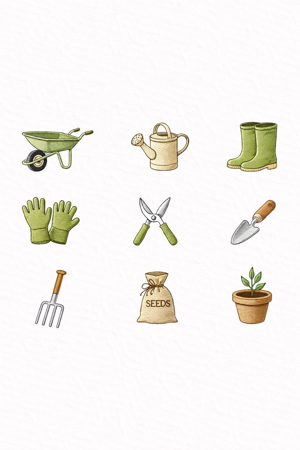 Garden Mini Embroidery Designs Set, 9 Gardening Icons, Boots Wheelbarrow Seeds, PES DST EXP Files, Instant Download