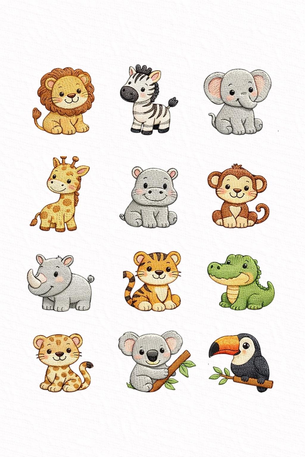 Safari Animals Embroidery Design Set, Baby Jungle Animals Mini Icons, Lion Elephant Giraffe Zebra Tiger, Machine Embroidery PES DST EXP
