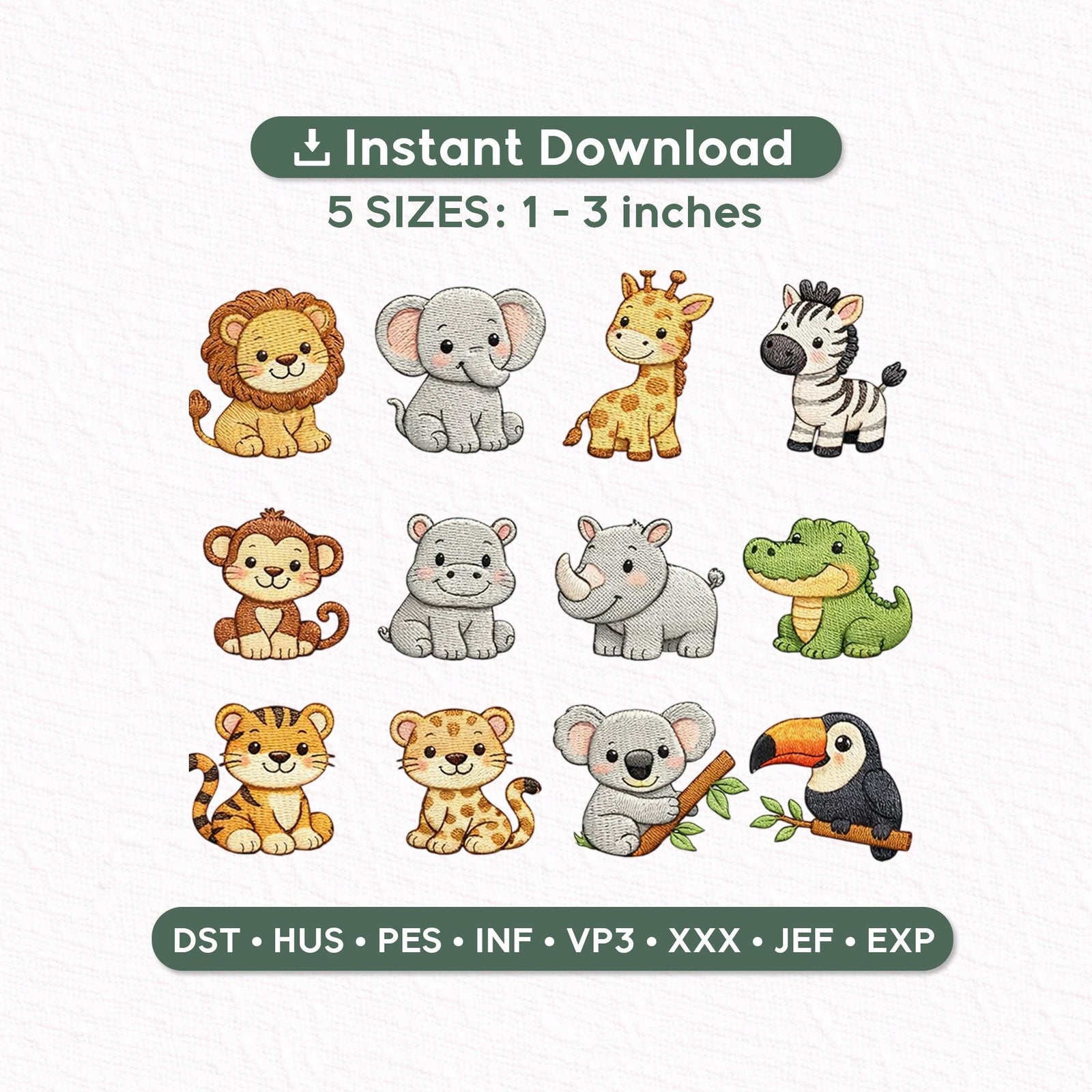 Safari Animals Embroidery Design Set, Baby Jungle Animals Mini Icons, Lion Elephant Giraffe Zebra Tiger, Machine Embroidery PES DST EXP