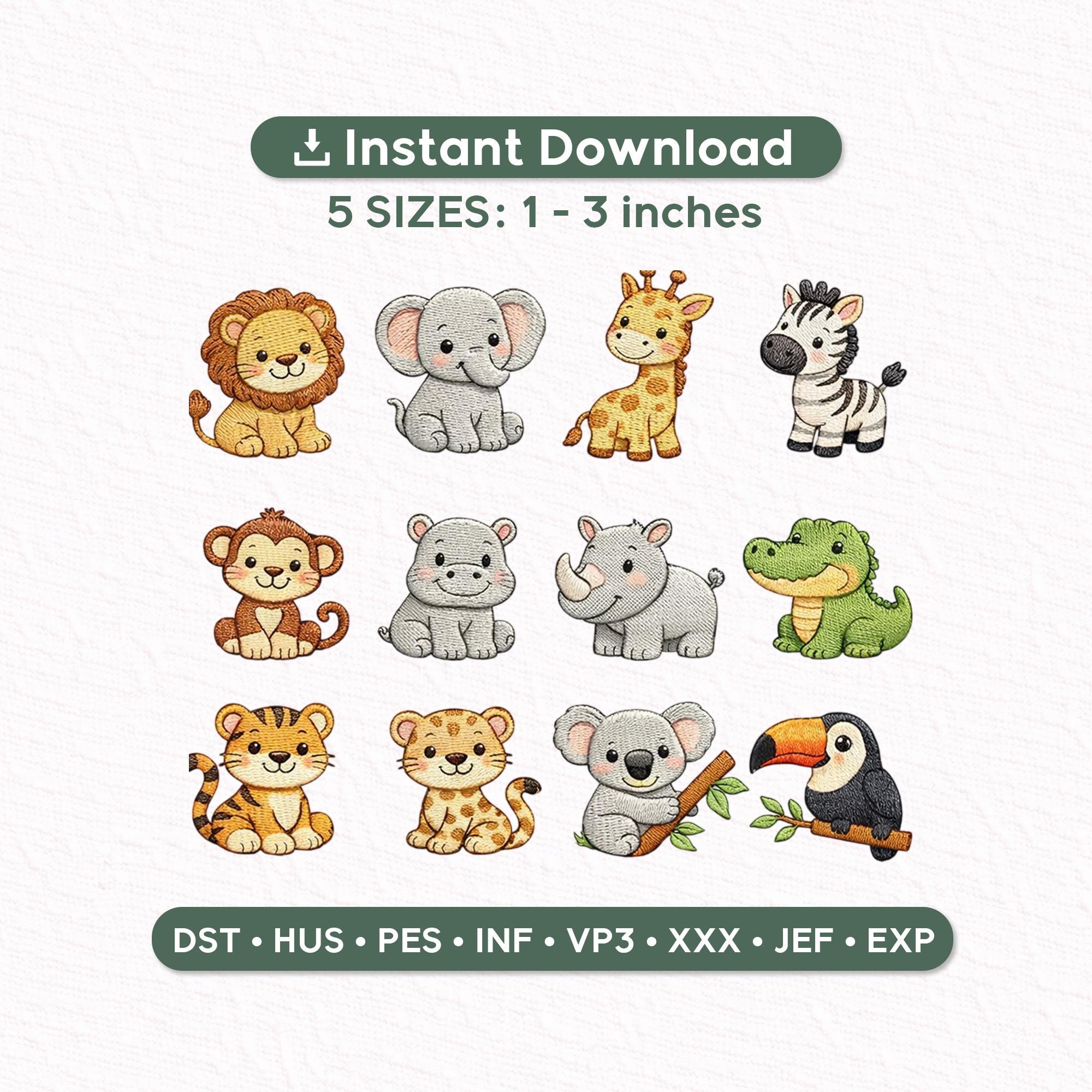 Safari Animals Embroidery Design Set, Baby Jungle Animals Mini Icons, Lion Elephant Giraffe Zebra Tiger, Machine Embroidery PES DST EXP