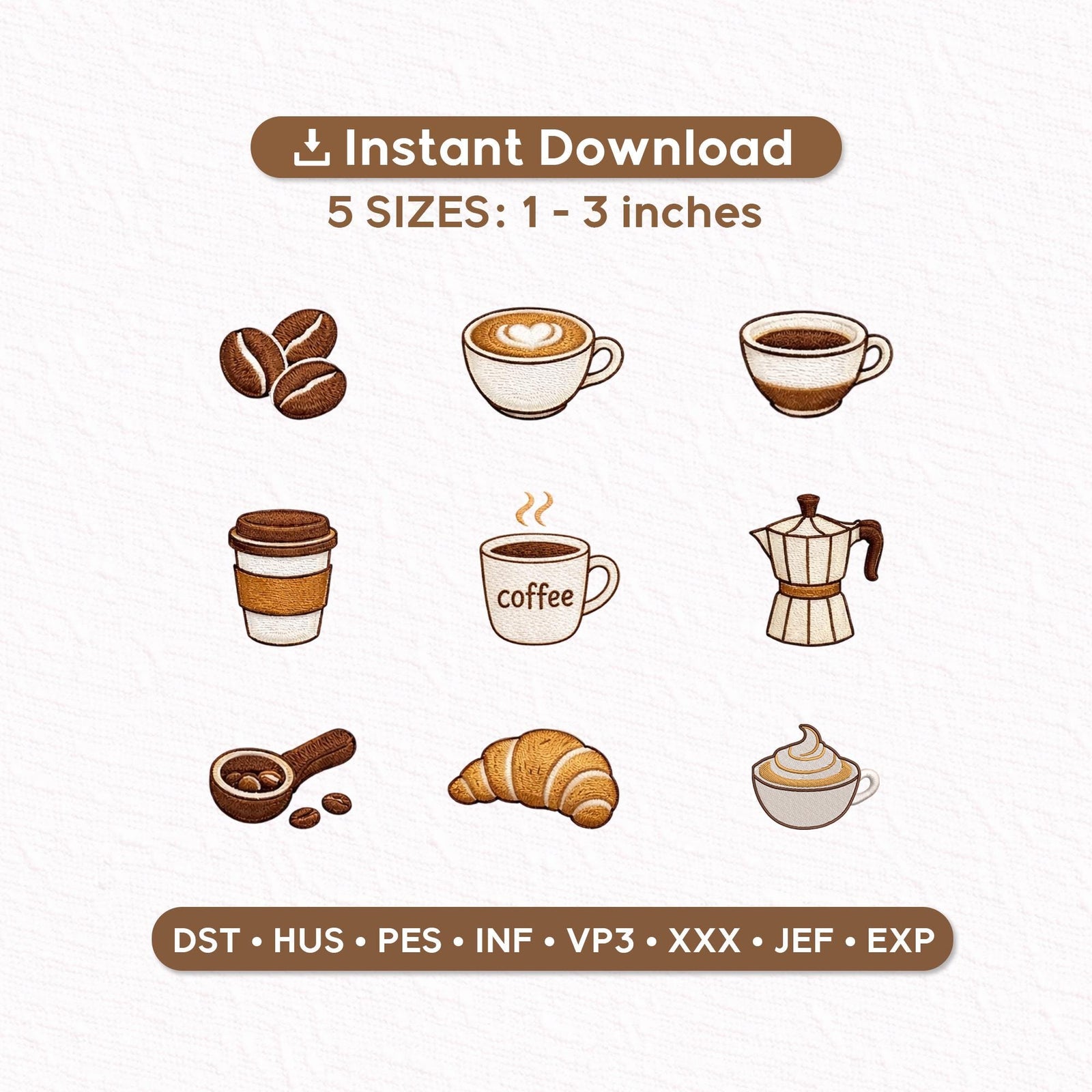 Coffee Embroidery Design Bundle, Latte Cappuccino Croissant Cafe Icons, Mini Embroidery Designs 1-3 Inch, Instant Download PES DST JEF