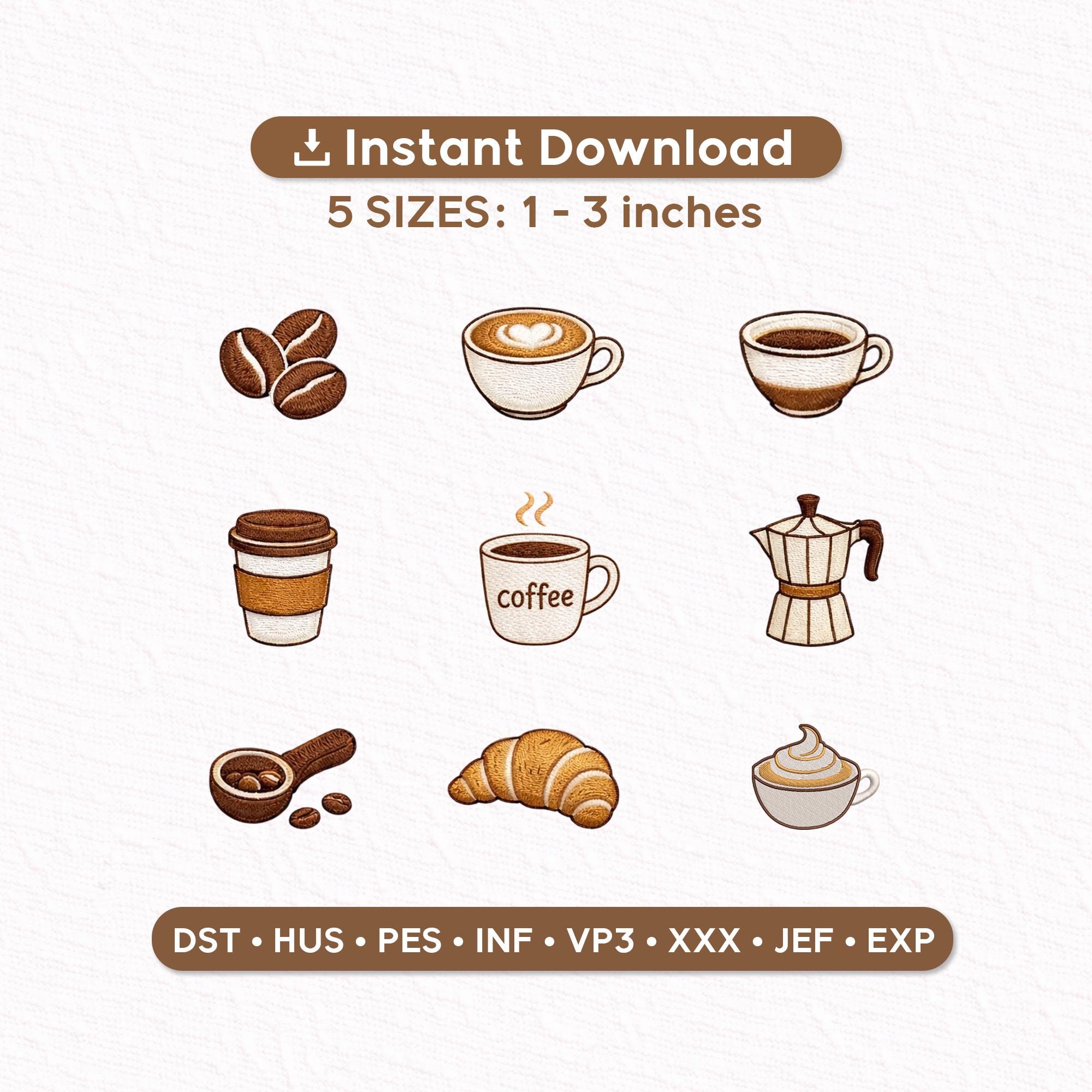 Coffee Embroidery Design Bundle, Latte Cappuccino Croissant Cafe Icons, Mini Embroidery Designs 1-3 Inch, Instant Download PES DST JEF