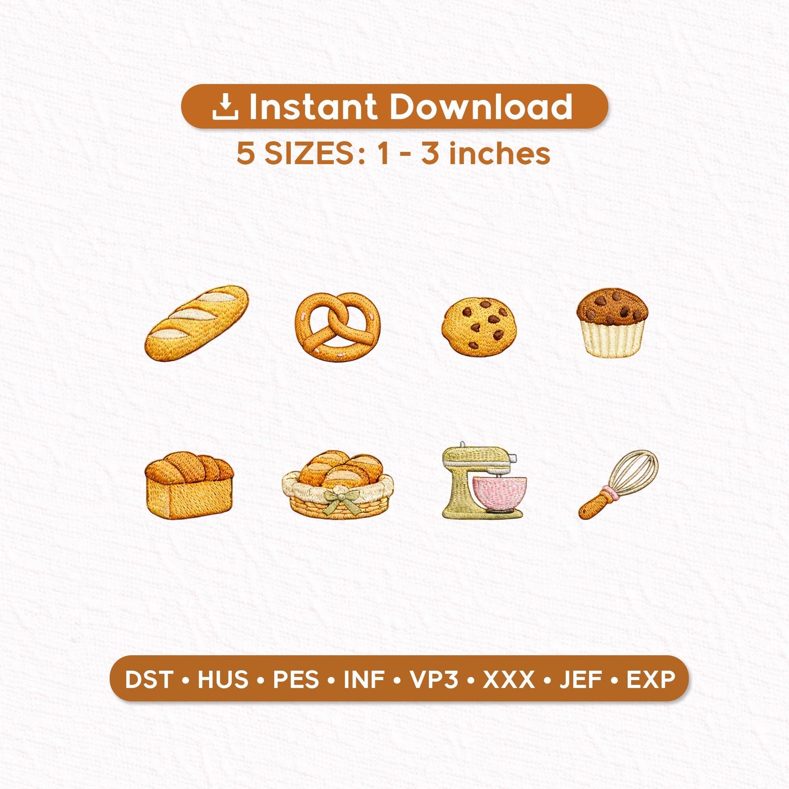 Baking Embroidery Design Bundle, Bread Pretzel Cookie Muffin Kitchen Icons, Mini Embroidery Designs 1-3 Inch, Instant Download PES DST JEF