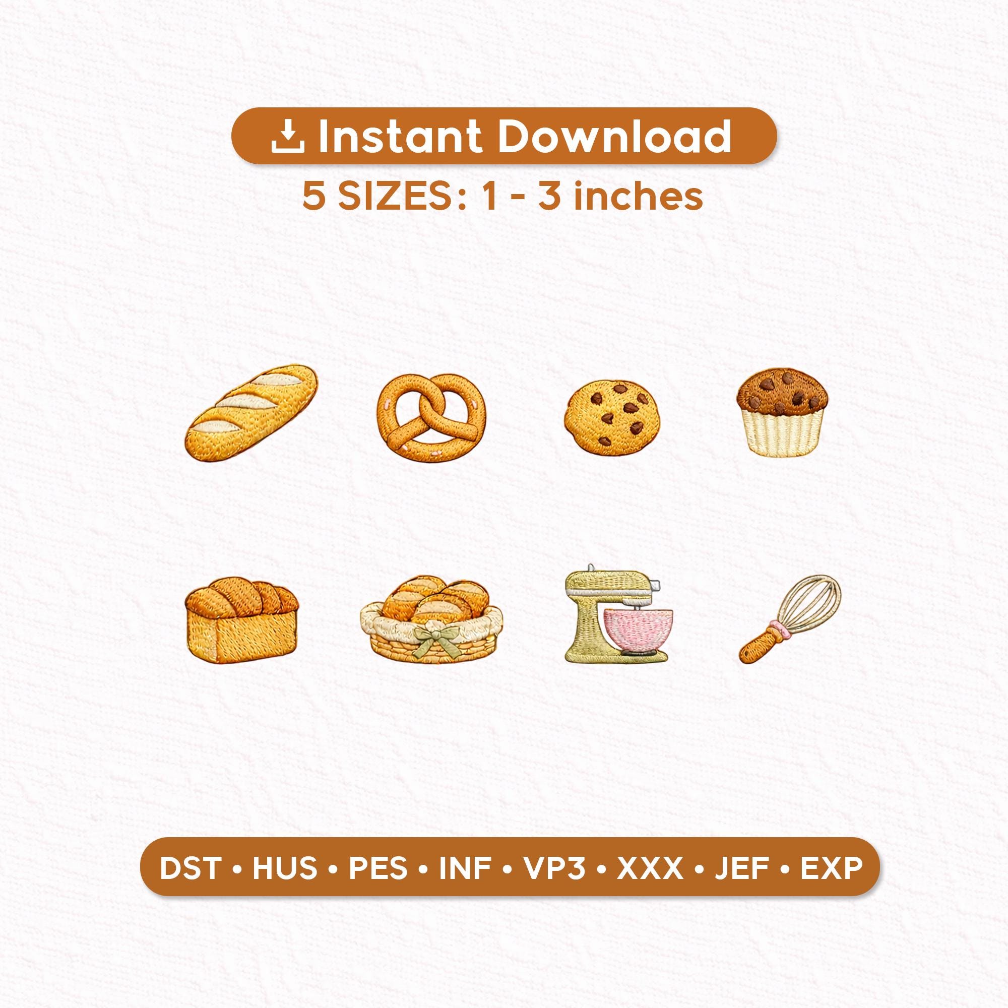 Baking Embroidery Design Bundle, Bread Pretzel Cookie Muffin Kitchen Icons, Mini Embroidery Designs 1-3 Inch, Instant Download PES DST JEF
