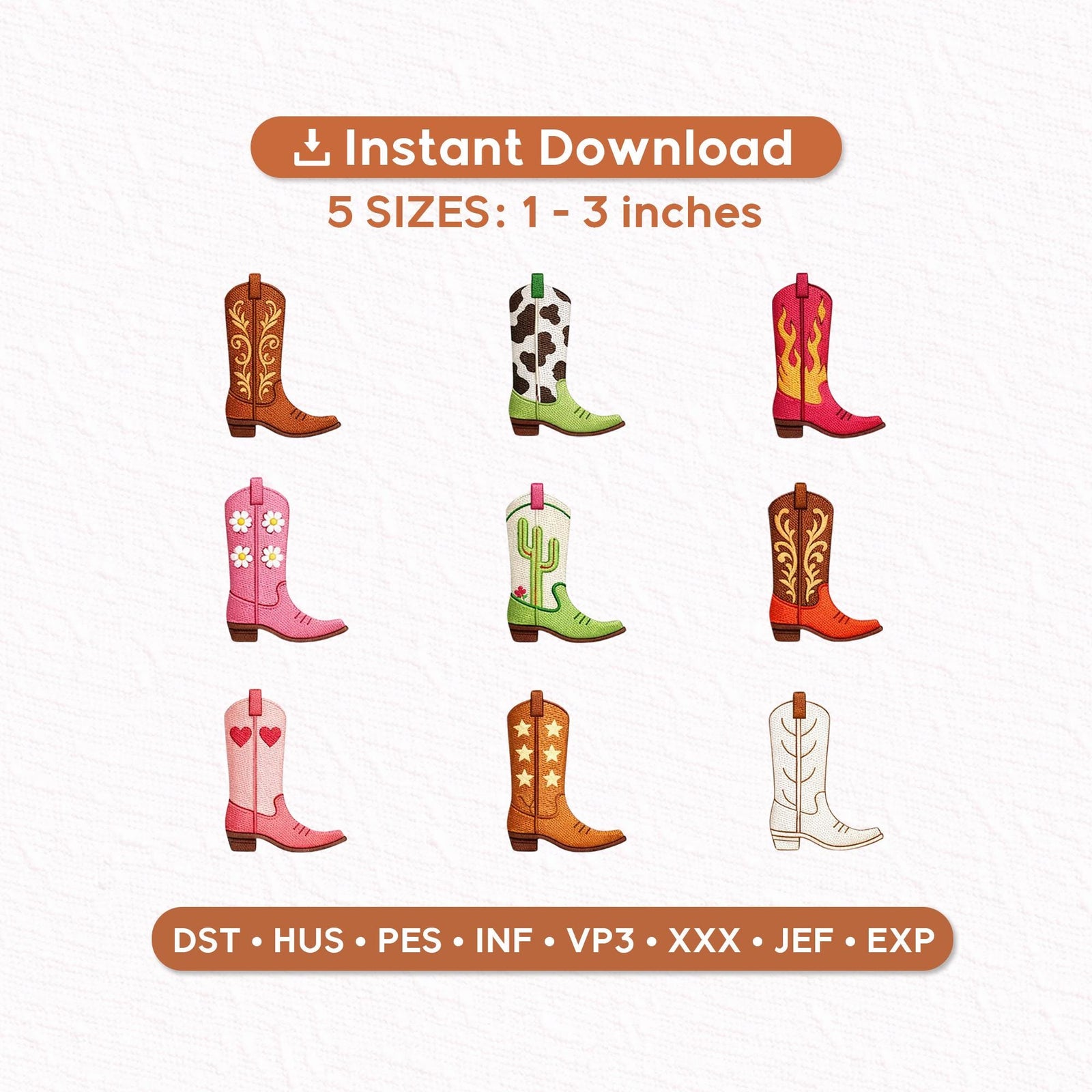 Western Cowboy Boots Embroidery Design, Mini Boot Icons Set, Cowgirl Western Embroidery Files PES DST, Cute Boots Clipart, Instant Download