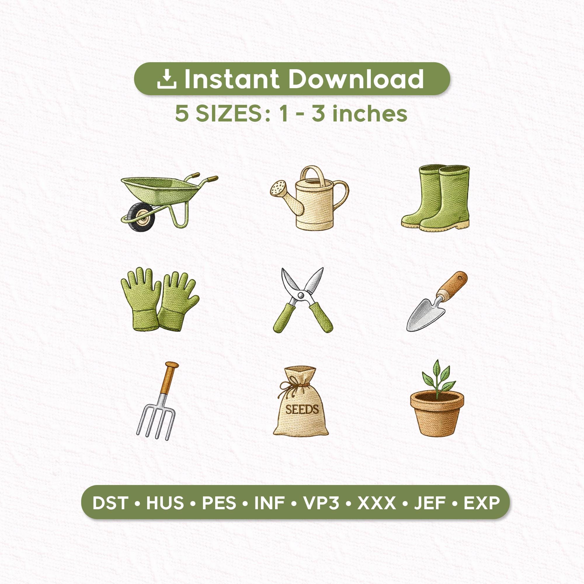 Garden Mini Embroidery Designs Set, 9 Gardening Icons, Boots Wheelbarrow Seeds, PES DST EXP Files, Instant Download