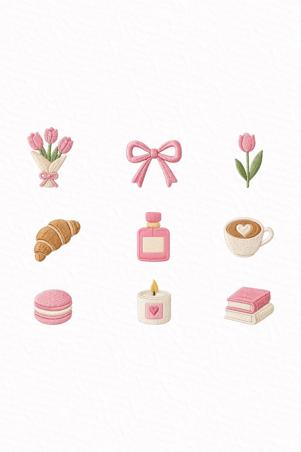 Coquette Embroidery Designs Set of 9, Pink Bow Tulip Coffee Croissant Icons, Cute Mini Embroidery Files PES DST, Feminine Pocket Designs