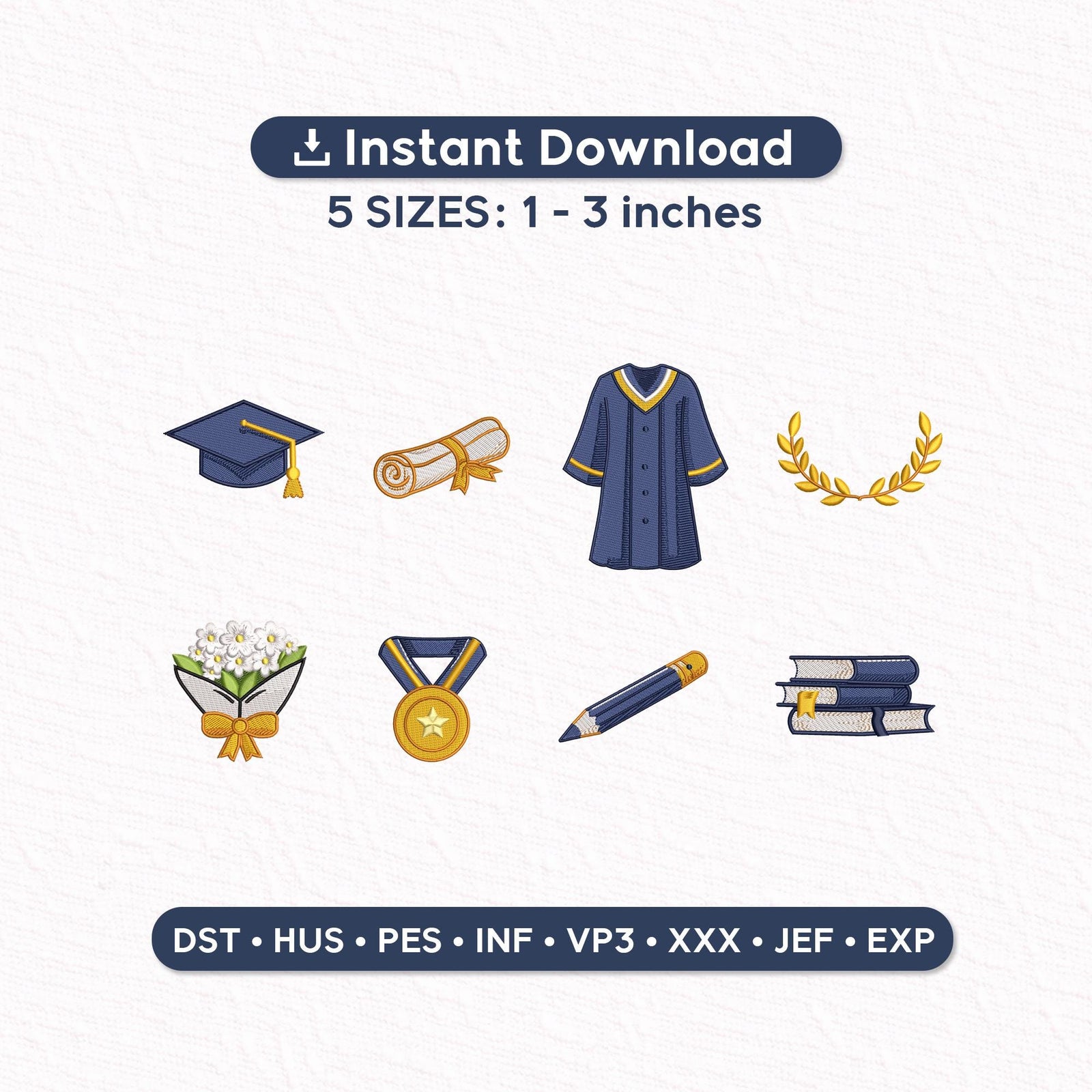 Graduation Mini Embroidery Design Set of 8 Graduation Cap Diploma Gown Books Medal Pencil Laurel Machine Embroidery Files