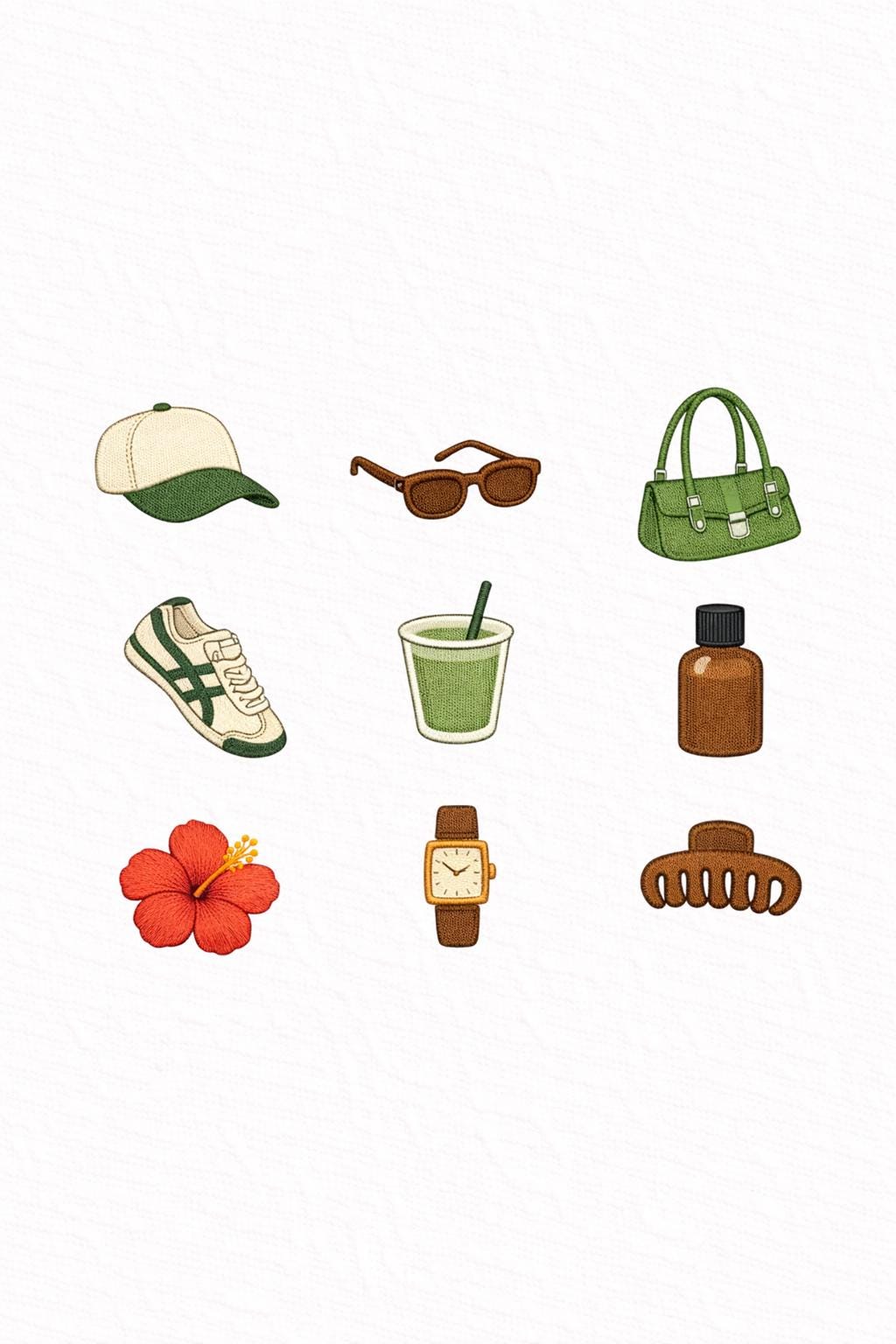 Preppy Summer Embroidery Design Set, 9 Clean Girl Icons, Matcha Latte, Claw Clip, Handbag, Sneakers, Instant Download PES DST EXP
