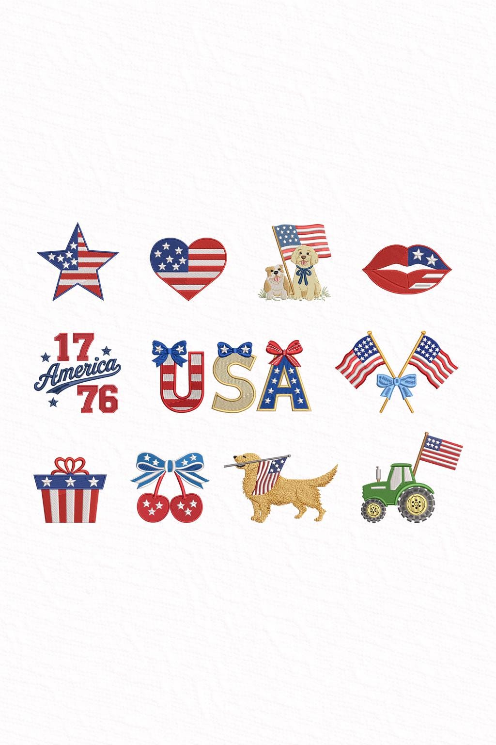 4th of July Embroidery Designs Set – USA Patriotic Coquette Mini Icons, Cute America Flag Heart Bow Dog Tractor, Independence Day