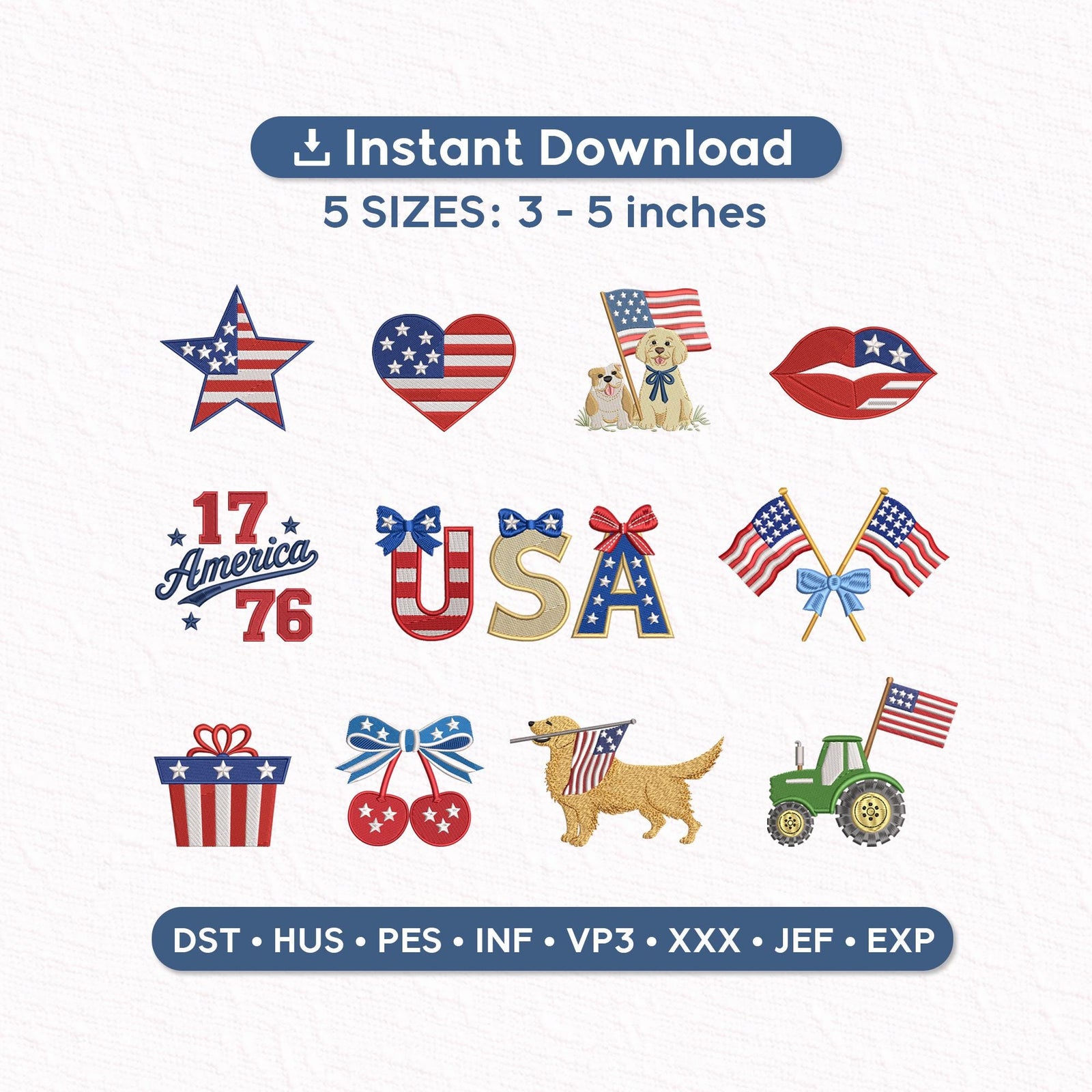 4th of July Embroidery Designs Set – USA Patriotic Coquette Mini Icons, Cute America Flag Heart Bow Dog Tractor, Independence Day