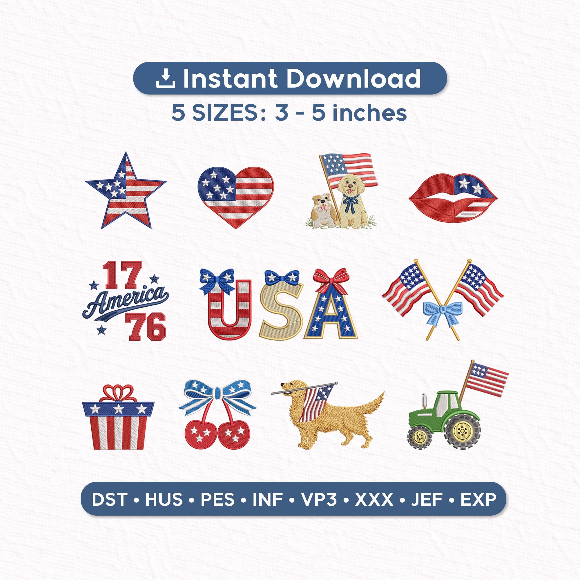 4th of July Embroidery Designs Set – USA Patriotic Coquette Mini Icons, Cute America Flag Heart Bow Dog Tractor, Independence Day