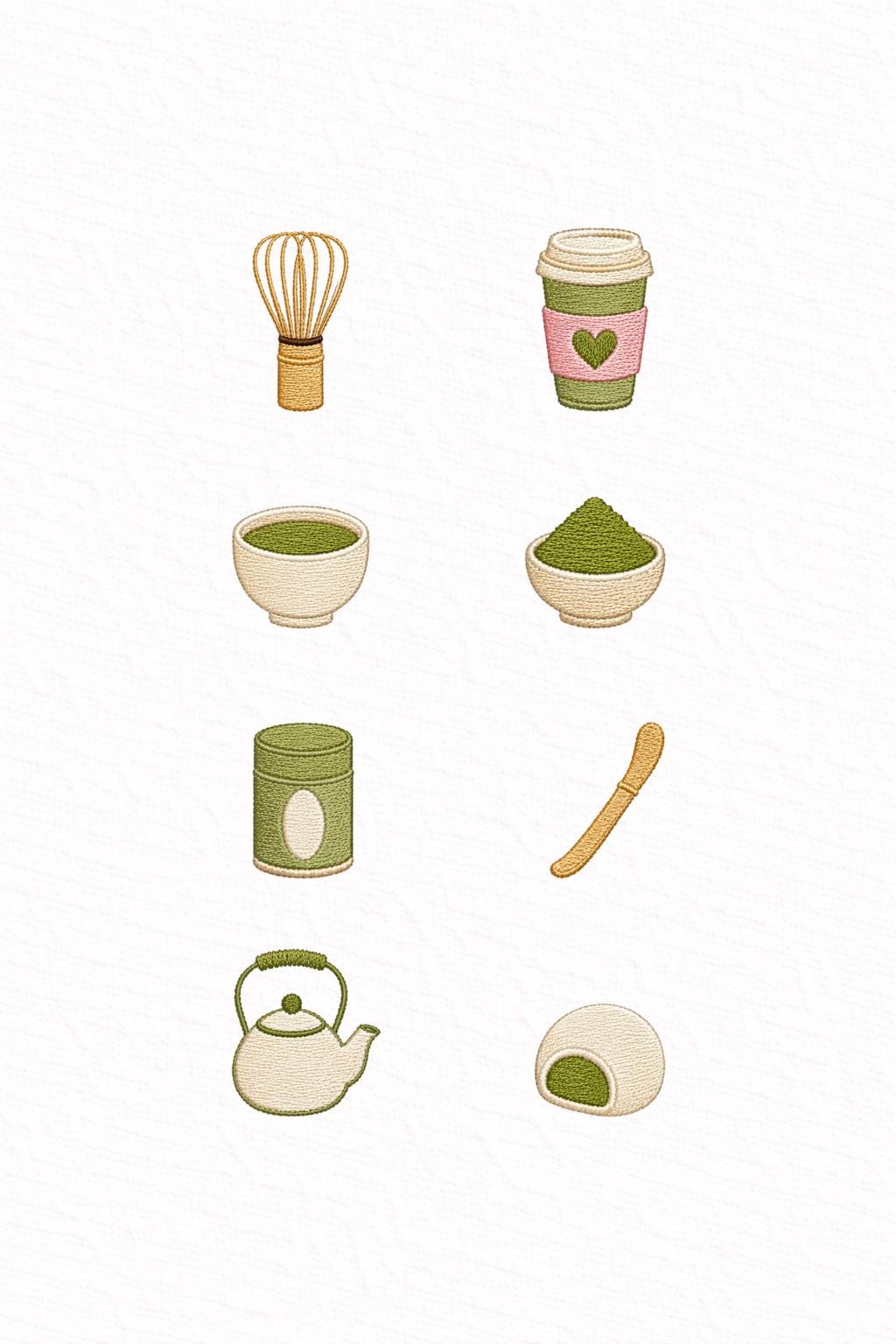 Matcha Tea Mini Embroidery Designs Set, Japanese Tea Icons, Latte Cup, Matcha Bowl, Instant Download, 1–3 Inch, PES DST Files