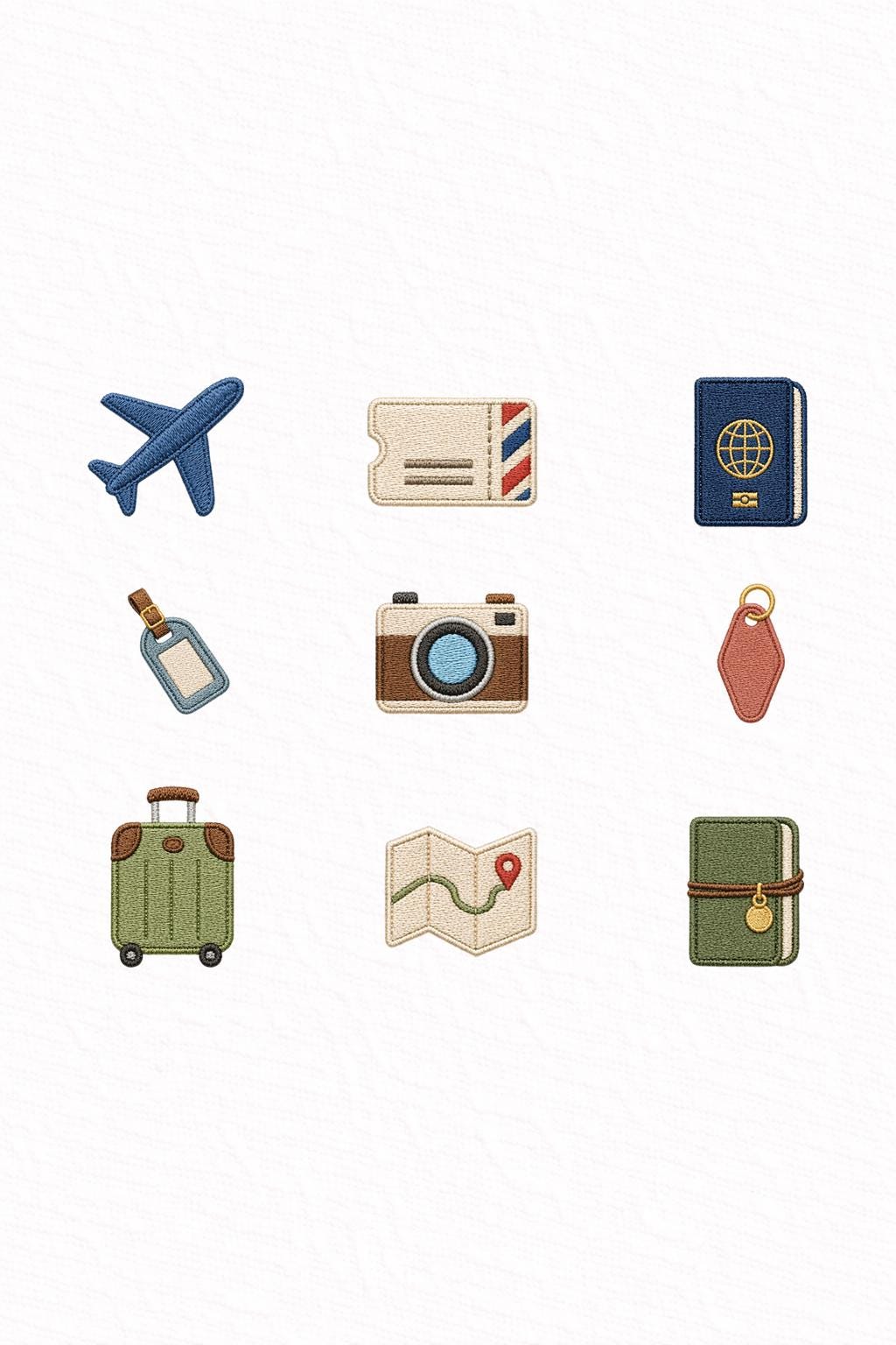 Travel Embroidery Design Bundle, Airplane Passport Luggage Camera Map Icons, Mini Embroidery Designs 1–3 Inch, Instant Download PES DST JEF