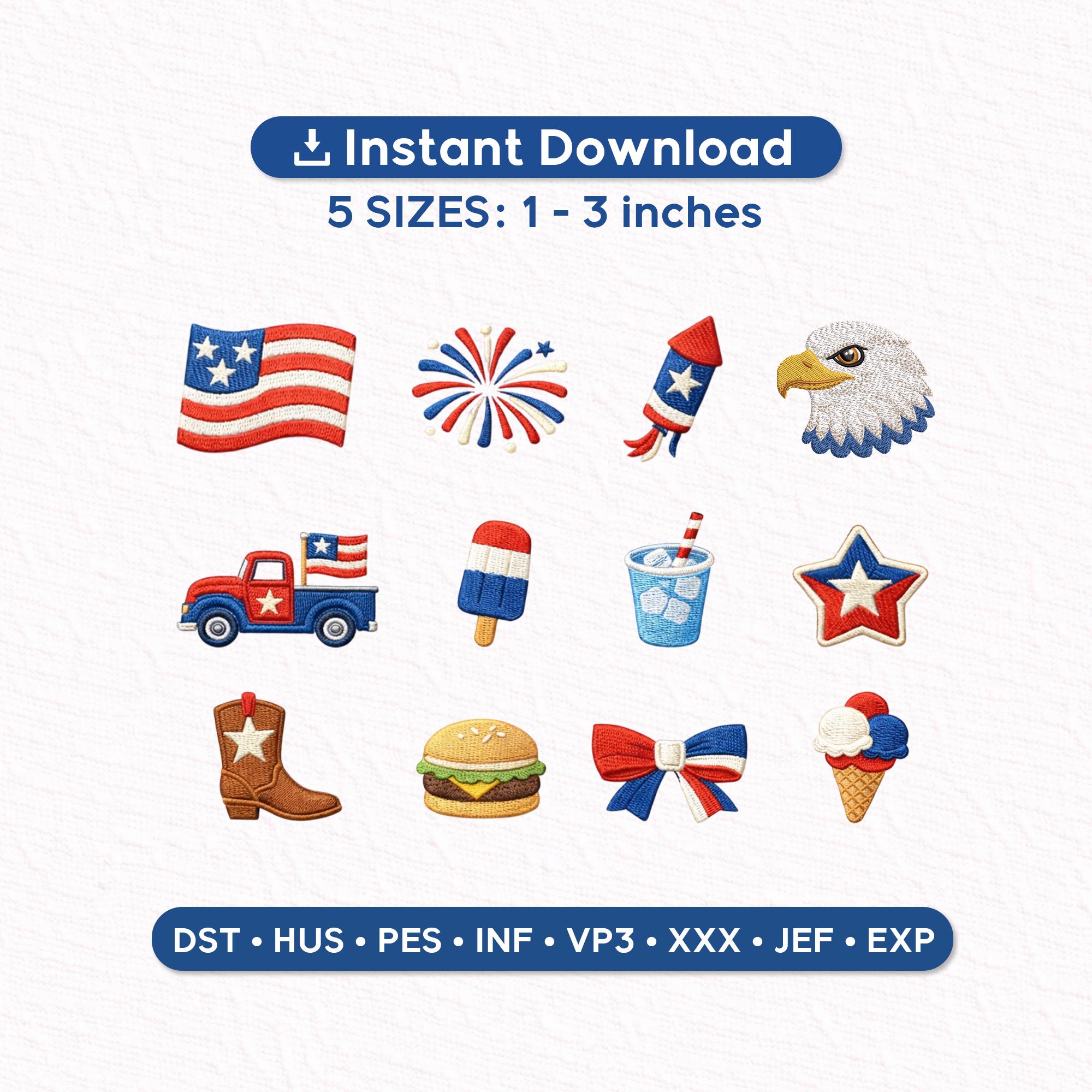 4th of July Mini Embroidery Designs Bundle, Patriotic USA Icons Set, American Flag Eagle Fireworks, 12 Designs 1–3 Inch, Instant Download
