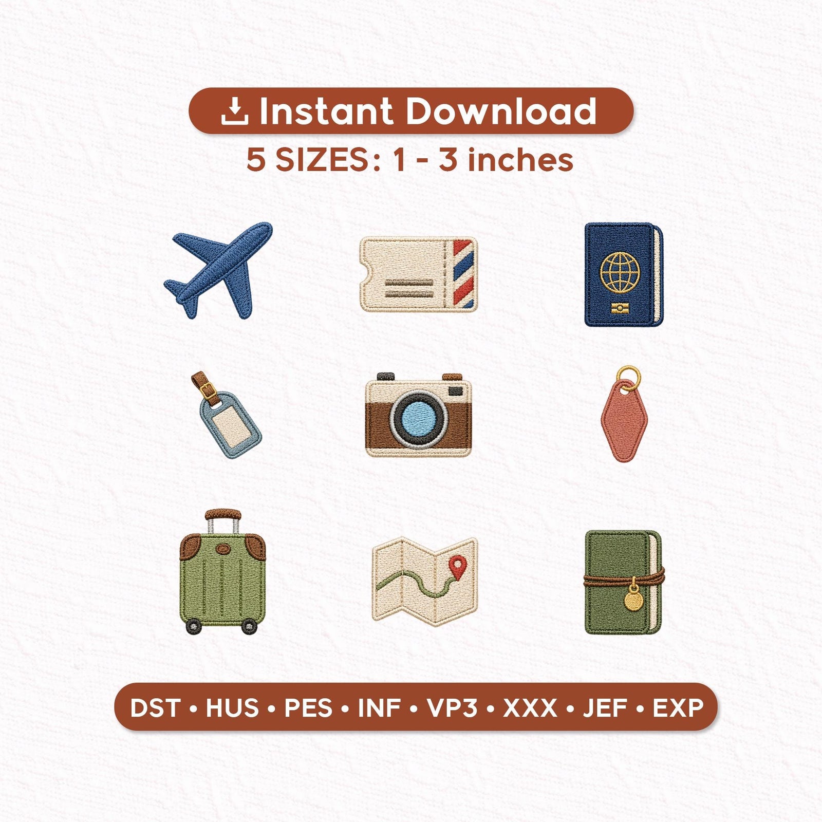 Travel Embroidery Design Bundle, Airplane Passport Luggage Camera Map Icons, Mini Embroidery Designs 1–3 Inch, Instant Download PES DST JEF
