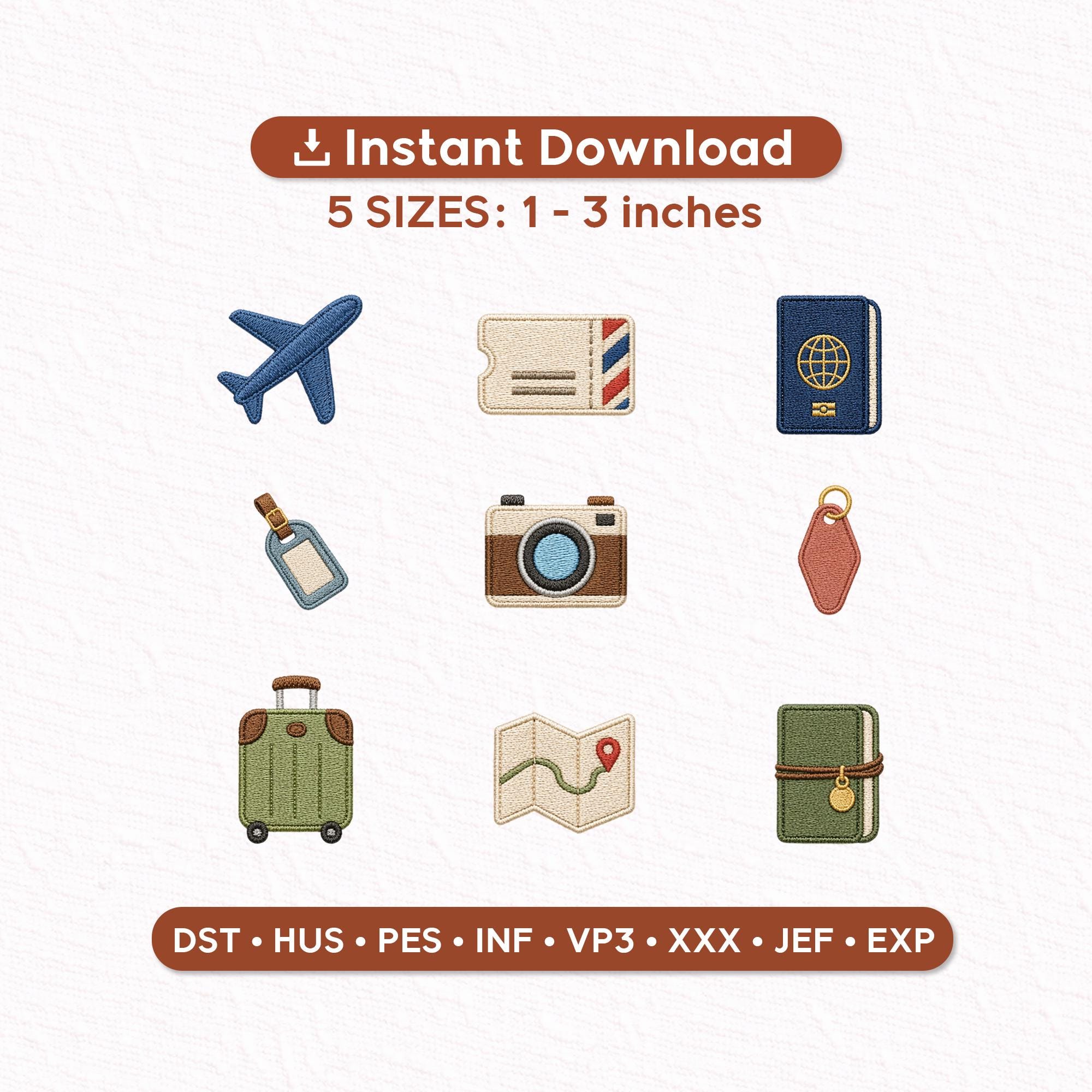 Travel Embroidery Design Bundle, Airplane Passport Luggage Camera Map Icons, Mini Embroidery Designs 1–3 Inch, Instant Download PES DST JEF