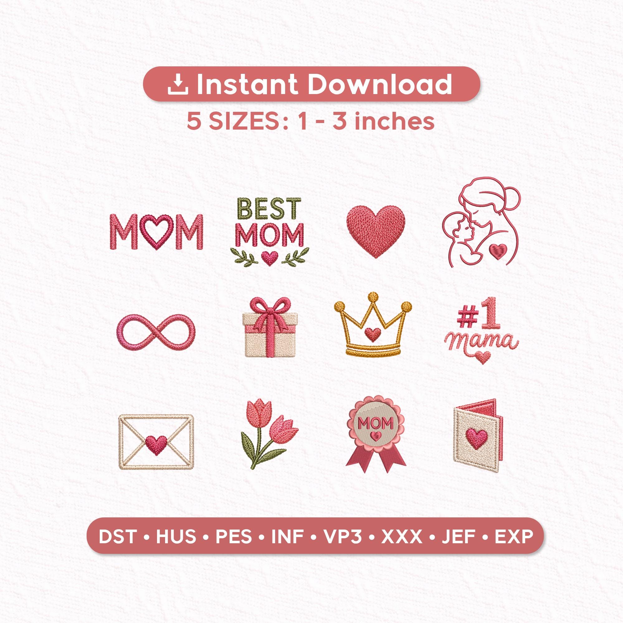 Mother’s Day Embroidery Designs Set, Mom Mini Icons Bundle, Love Heart Mama Files, Small Embroidery Designs 1-3 Inch, PES DST