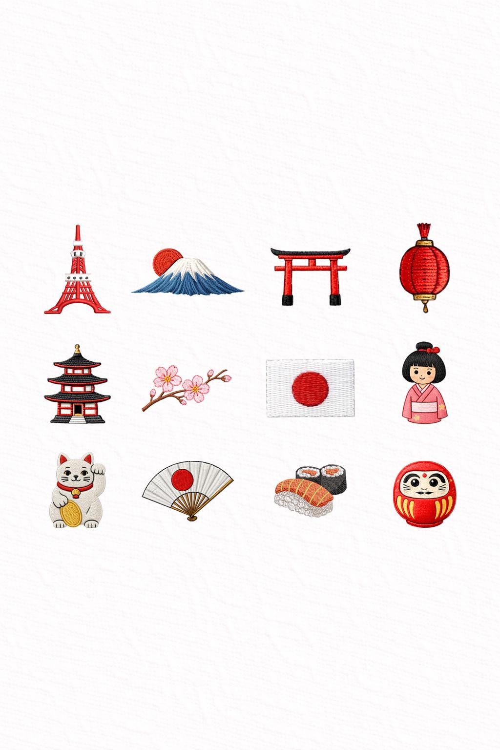 Japan Mini Embroidery Designs Bundle – 12 Japanese Icons, Kokeshi Doll, Sakura, Fuji, Instant Download, 1-3 Inch