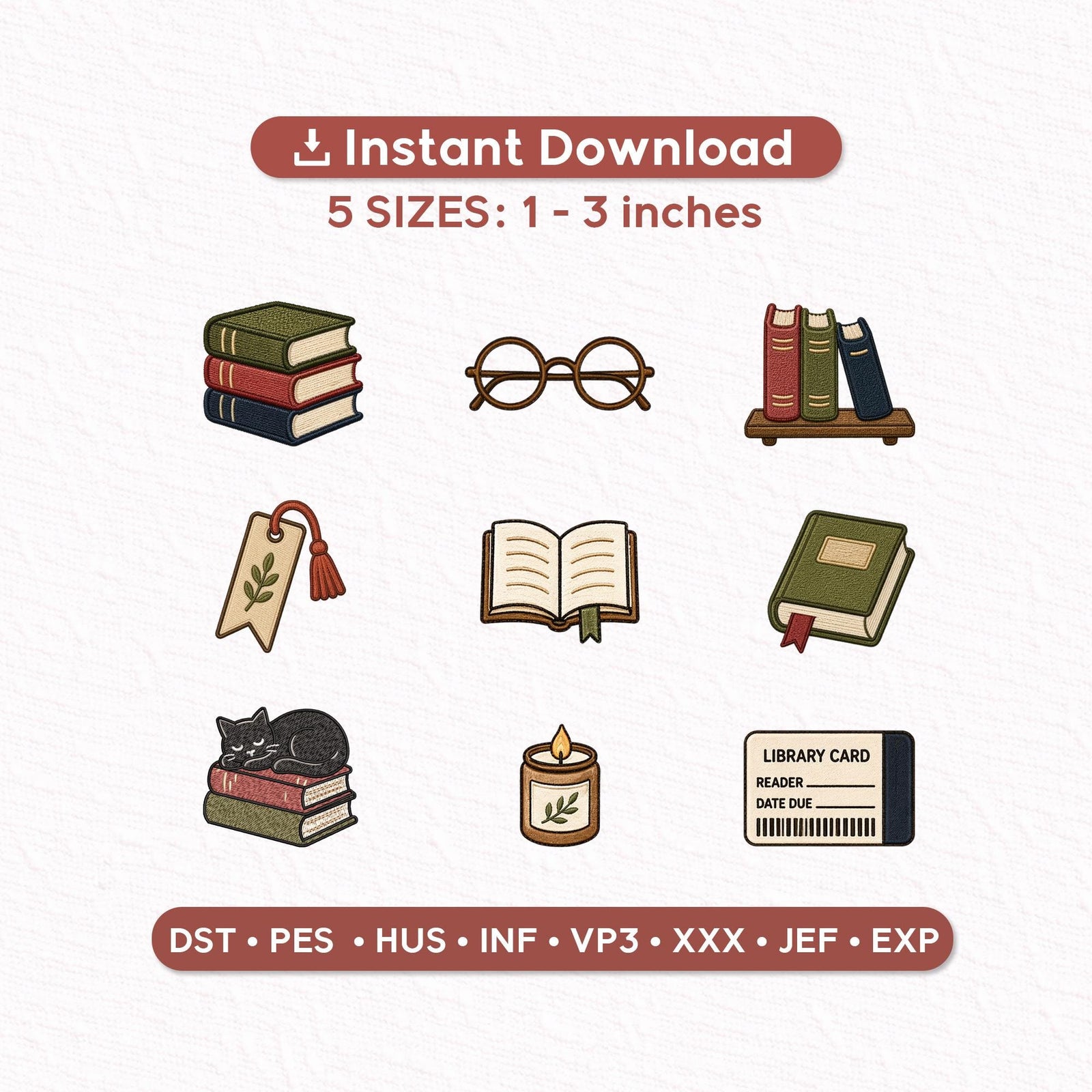 Library Mini Embroidery Designs Set of 9 Book Lover Icons Vintage Reading Machine Embroidery Files
