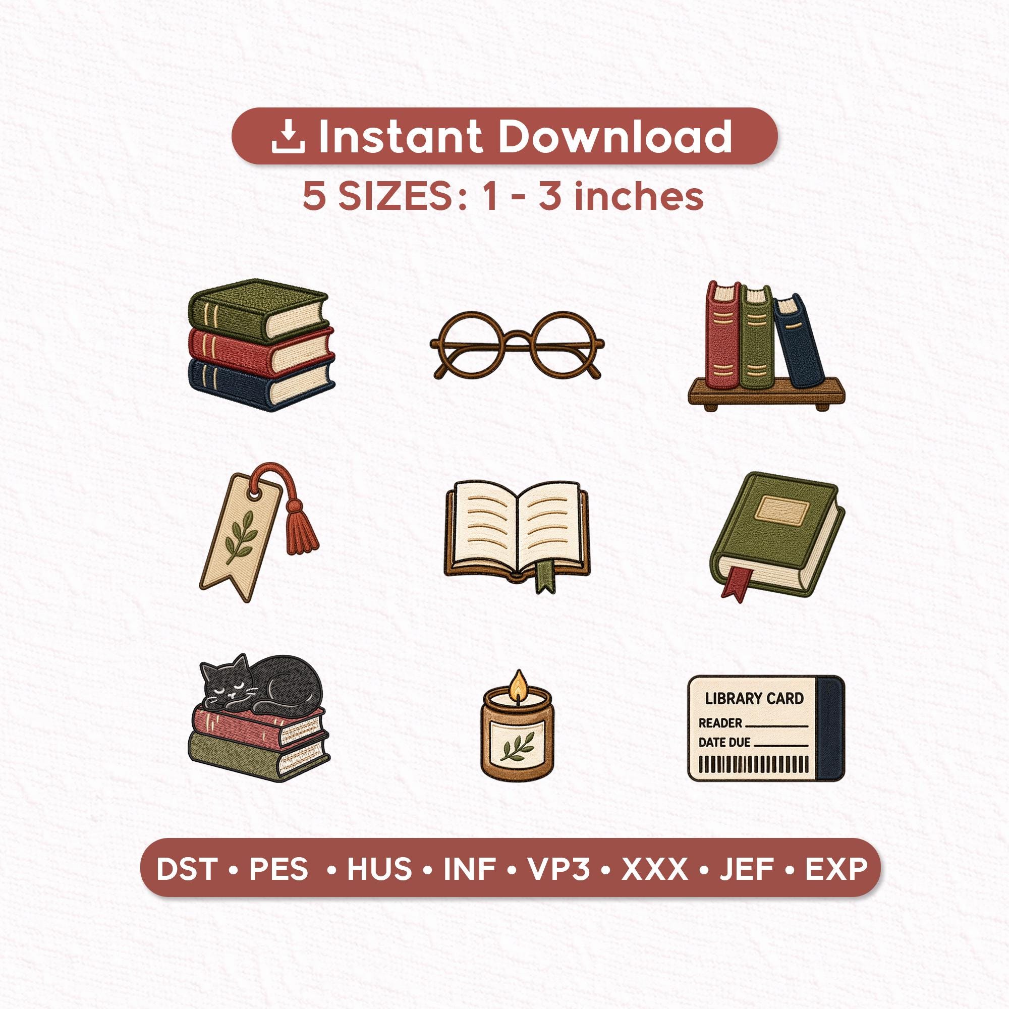 Library Mini Embroidery Designs Set of 9 Book Lover Icons Vintage Reading Machine Embroidery Files