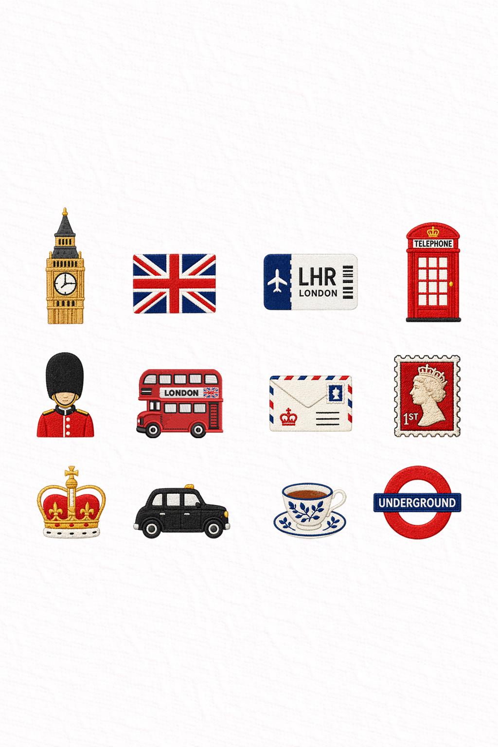 London Mini Embroidery Designs Set of 12, British Icons Embroidery Files, Big Ben Bus Taxi Tea Crown, Instant Download DST PES JEF